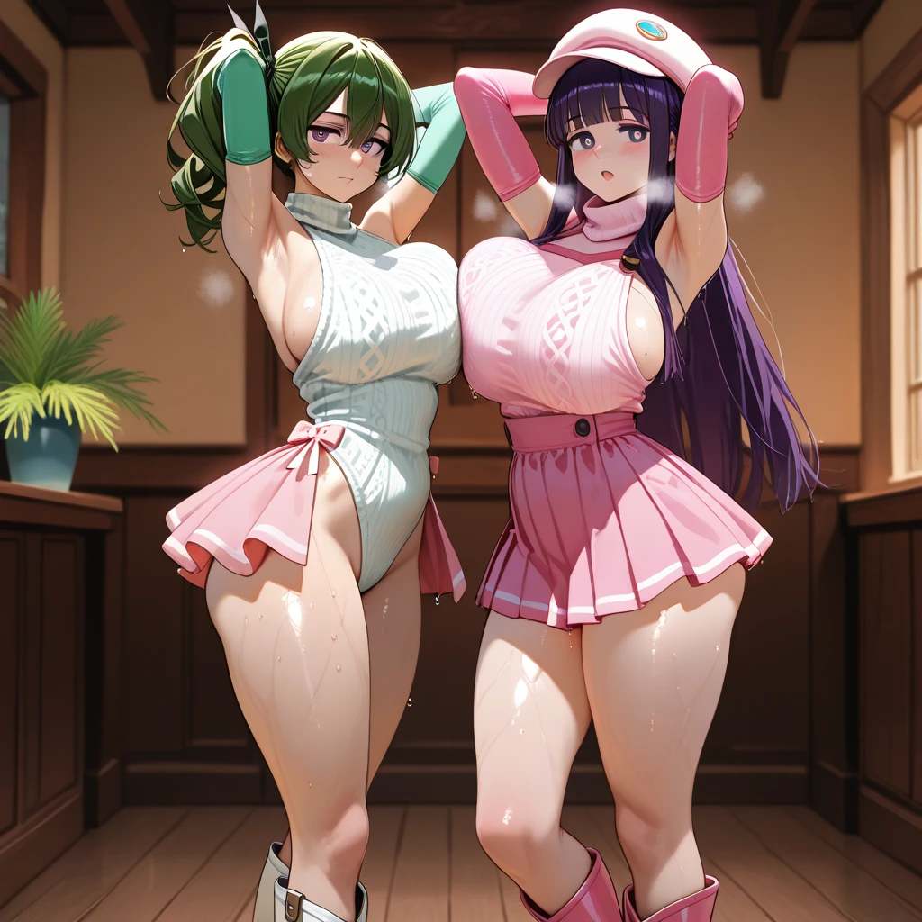 Body position: Standing, straight, symmetrical, barefoot, Lustful smile on face with red blush, 2 girls who gets married and stands in front of many people, kissing