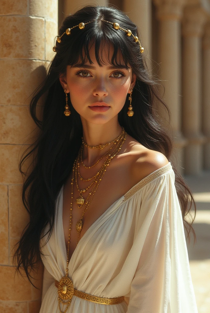 Athena, Young Charm goddess of wisdom, long Dark Brown flowing hair, light brown eyes. She wears a white sexy ancient greek side high slit dress, golden thread and sheer robes, soft focus background, marble columns reflecting soft light, high-resolution, meticulously detailed textures of silk and metal, ultra realistic, cinematic.