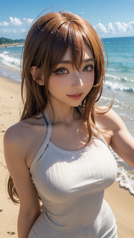 masterpiece, rich colors, Best quality, detailed, high resolution, Hyper quality, high detail, , high quality, detailing, skinny sexy girl on the beach , bright lighting , green eyes, Anime, palm trees, bright lighting, redhead,