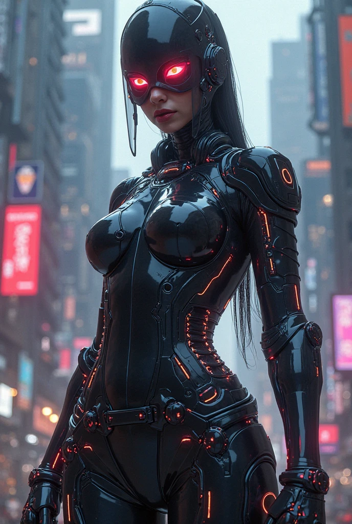 top quality, future world, State-of-the-art robot, Beautiful Woman, flying hair, (Transformed into a cyborg except for the face), sexy images, whole body photo, ((black Trench Coat, uncovered cleavage))