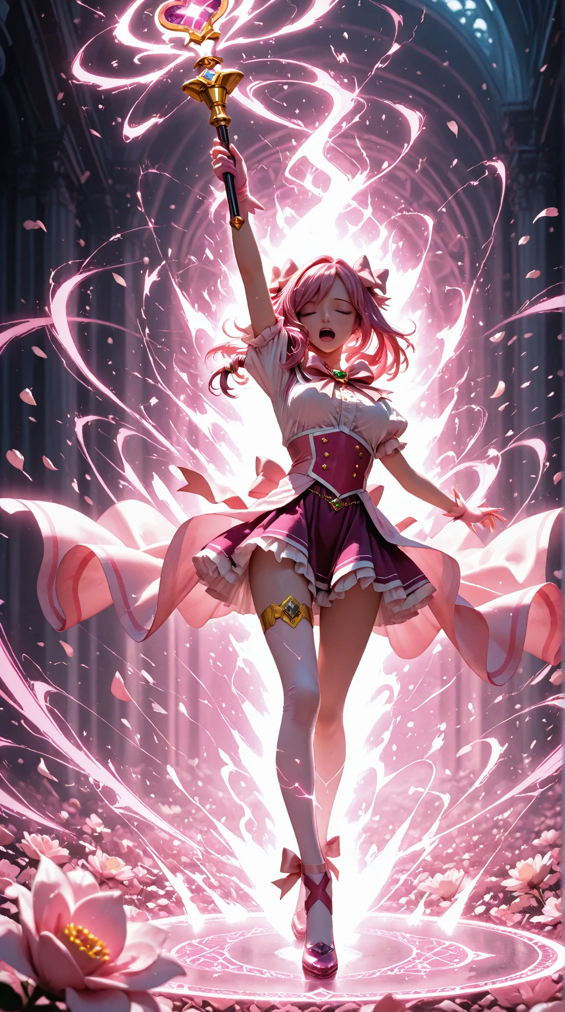 (Attack action with the head low, Upper body is twisted, And one leg is kicked straight..standing split:2)(((masutepiece))),((ultra-detailliert,Best Quality, hight resolution, 8K Wallpaper, Beautiful clothes,)),fullllbody,Fulll body Shot (1 girl)((Pink hair, Long hair,Straight hair,two side up)) (Green eyes),eyeshadows, eye line,gloweyes, ultradetailed eyes, intricate eyes, Beautiful eyes, ((Glowing pink pupils))18-year-old girl. Wearing Pretty Cure Clothes.(In Pretty Cure Style)firey、Fire Circle、loimu、Circle of Fire、Pillar of fire、kick.high-heels