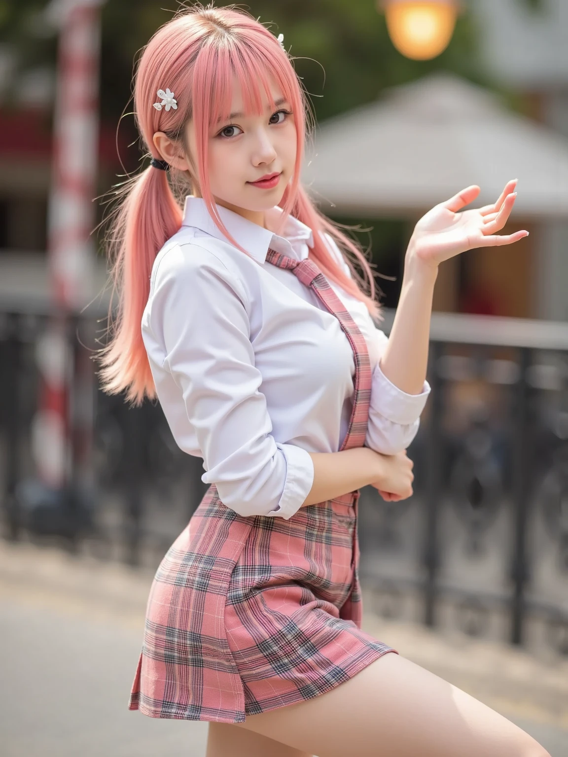 (stick out butt:1.3),(Pink Hair :1.3),(Realistic, photo Realistic:1.2), ((Highest quality)), moving her center of gravity back, Quite embarrassing, White panties, (Showing panties:1.4),Tight Skirt, (Under the skirt:1.3), (Lift up your skirt:1.3),Put your heels on the ground, Spread your legs a little, black penny loafers, Beautiful face details, Real human skin, Gentle expression, Front view, angle From below, Realistic, photoRealistic, cute, Short skirt,cute school girl, Japanese school girl uniform, Sailor suit, whole body,Smile, Natural smile, Charming smile, Captivating smile, (View your viewers:1.2), from the front, From below,