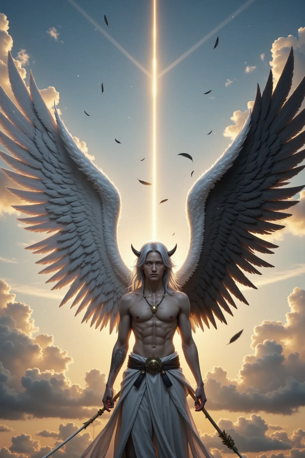 A poignant image that emerges between the realms of mythology and emotion: A Fallen Angel, alguna vez radiante y celestial, ahora desciende de los cielos, His ethereal form gradually fades into the mortal realm.. A medida que desciende, The angel emits particles of light, A Bittersweet Testimony of His Transition from Grace to Humanity.

The presence of the fallen angel is at the same time imposing and melancholy... Sus alas, alguna vez resplandecientes y poderosas, ahora llevan las marcas de su descenso, with fogged feathers and frayed edges. The angel's expression conveys traces of sadness and acceptance, Reflecting the complex emotions of his fall.

Use an ethereal color palette that fades to earthy tones to represent the transition between realms. Focus illumination on the angel's transcendent aura and the particles of light it emits. Capture every detail of the majestic but now withered wings to convey the symbolism of their downfall..