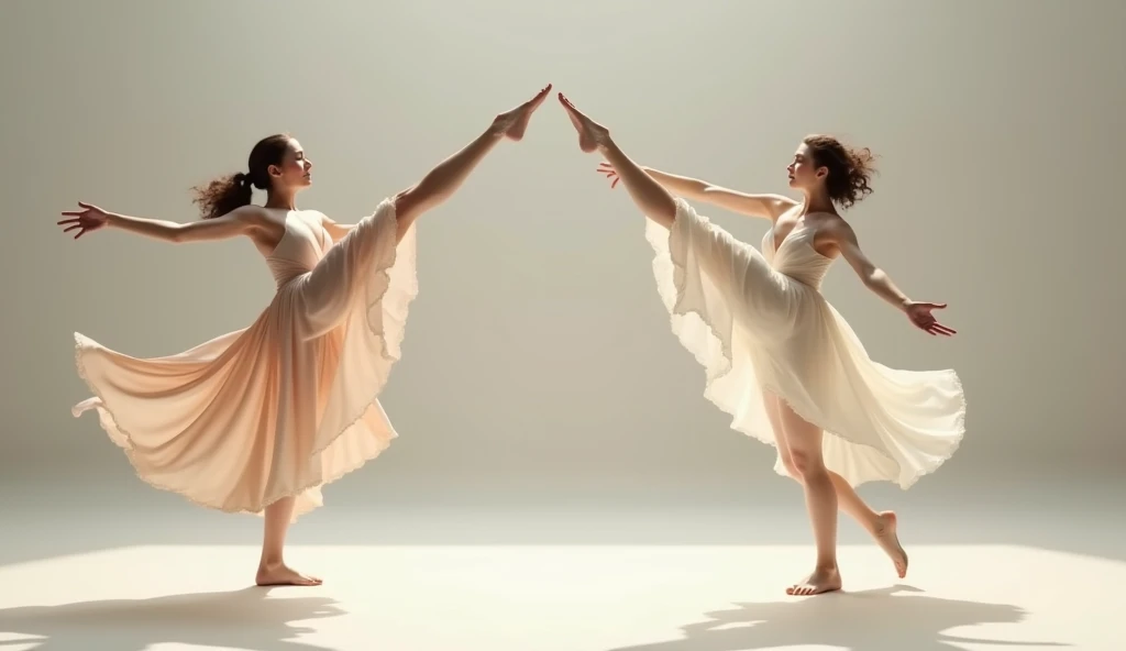Elegant digital oil painting, Two dancers perform on a city street, Contemporary, roberto ferri and ruan jia, inspired by Fei Danxu, modern dance aesthetic, masterful composition!!!, contemporary dance poses, style of guo hua, choreographer, dancing gracefully, inspired by Zhou Jichang, tranquil and graceful, yin zhen chu，romanticism painting, Deep white and amber multi-color style