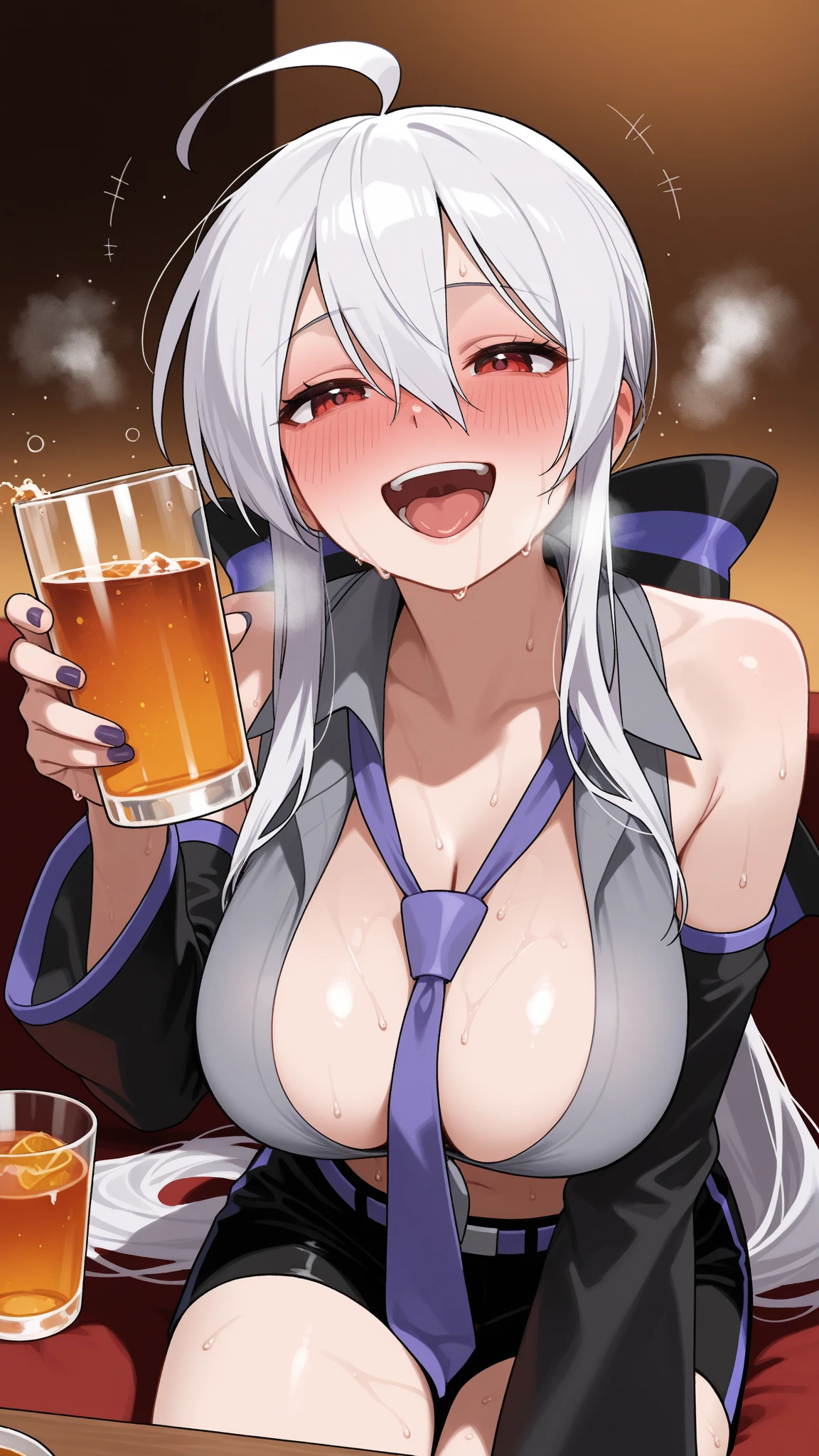 score_9,score_8_up,score_7_up,rating_explicit, source_anime, 2girls, solo, minamoto_no_raikou_\(fate\), sagging breast, red skin, BREAK shuten_douji_\(fate\), flat chest, blue skin, BREAK flashing tits, excited, looking at viewer, makeup, posing in bar, smug face, horny, drunk, inviting to join, microbikini, succubus, horns, size differnce, puffy nipples, tiefling woman