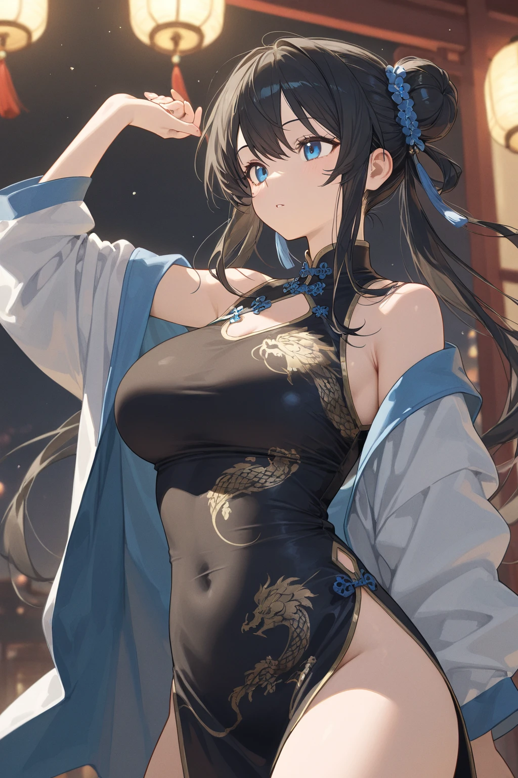(masterpiece, top quality, very aesthetic, 4k、8ｋ、illustration), intricate detail, 1girl,Standing 、(upper body)、clear face、()、
Cute 、black hair、,middle hair,sidelock ,,blue eye、Clothes that attract men、,medium breasts、Slim 、