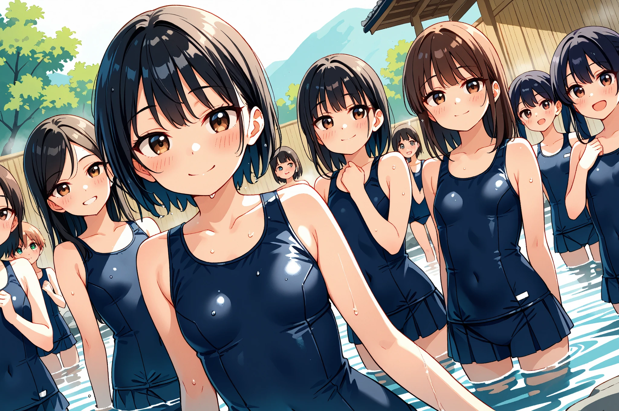 Highest quality,masterpiece,Black Hair,Classmate,School swimming pool,Teasing and teasing the boys,Friendly,Old school swimsuit,Accentuate your breasts,14 years old