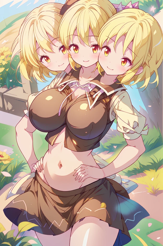 (masterpiece, best quality), best quality, (ultra-detailed), (3heads:1.5), 1girl, (yamame kurodani:1.3), masterpiece, best quality, ultra quality, ultra resolution, ultra detail, black and brown top, crop top, ((stomach)), midriff, ((groin)), brownish-black skirt, normal ears, shackles, blonde hair, very long hair, wavy hair, tied to a bun, brown eyes, very detailed eyes, parted lips, blonde, smiling, shy smile, cute smile, cute, toned belly, hand on own chest, hand on hips, eyelashes, (2 woman:1.3), (masterpiece:1.5), (best quality:1.5), (beautiful detailed:1.5), extremely detailed CG, extremely delicate and beautiful, depth of field, (finely detailed face), (perfect details:1.3), (mature female:1.3), wide pelvis, slender, large veiny breast, 16k resolution, highres, high quality, high definition, extremely detailed, masterpiece, blonde hair, long hair, alluring presence, braid, short skirt, close up, very big breasts, huge breasts, young, ((blonde)),
