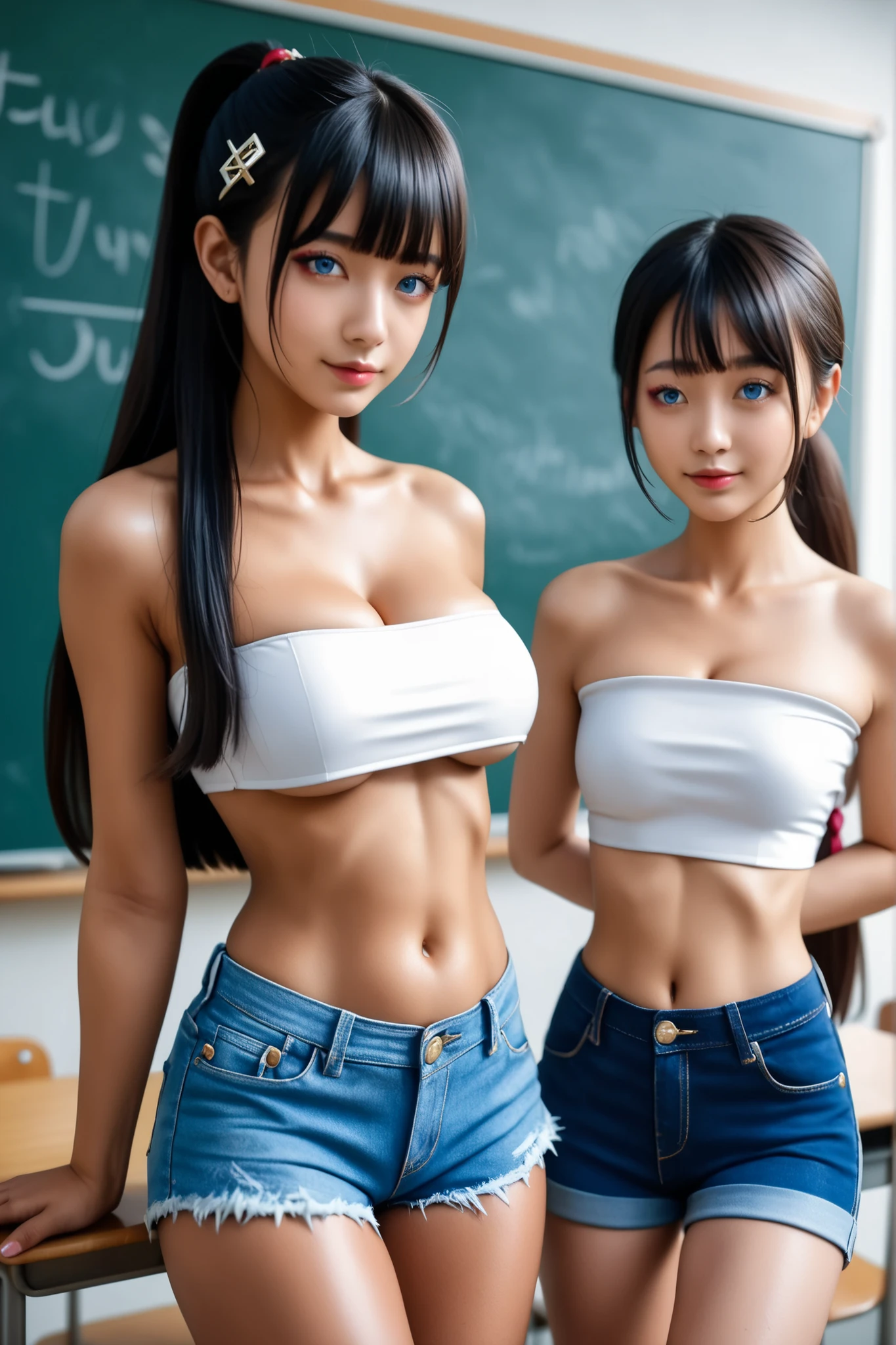 (extremely detailed CG unity 8k wallpaper,masterpiece, best quality, ultra-detailed),school classroom setting,sunlight filtering through trees,beautiful blonde high school girl with twintails and ahoge(D-cup),smartphone in hand,fidgeting with it,beautiful black-haired high school girl,thin and flat-chested, wearing sailor uniform,sitting on chair and having conversation with blonde girl who is sitting on desk,in the evening and nude