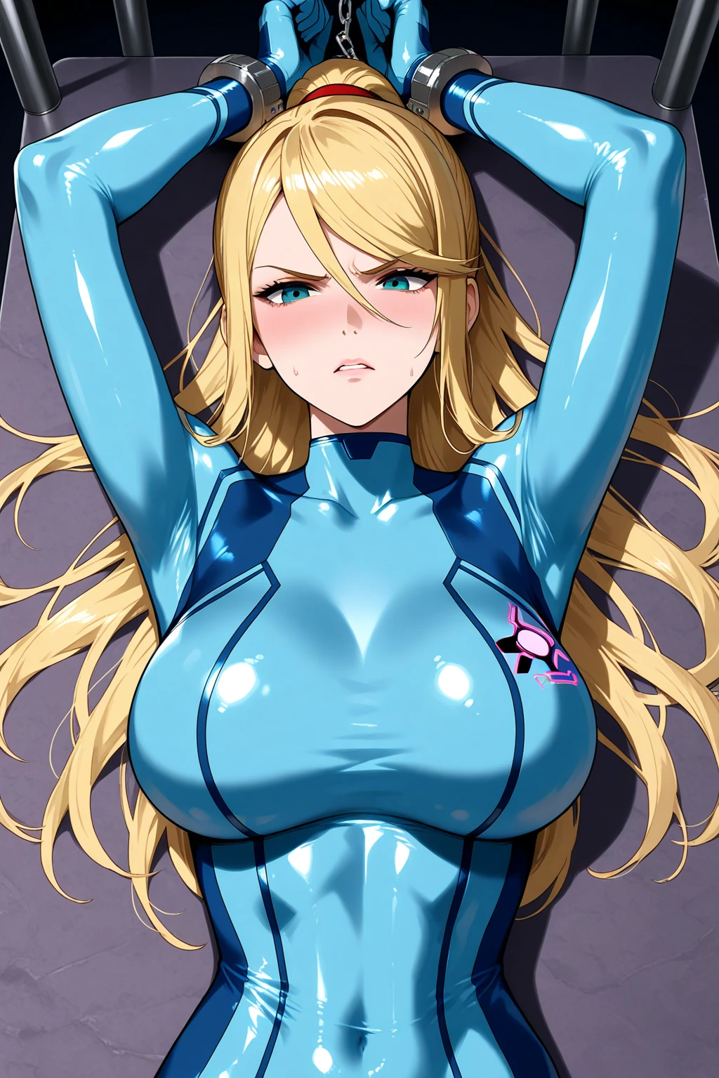 score_9, score_8_up, source_アニメ,Blonde,Blue Eyes,tall,very big breasts,((1girl)),shiny skin,Jumpsuit,latex,front open