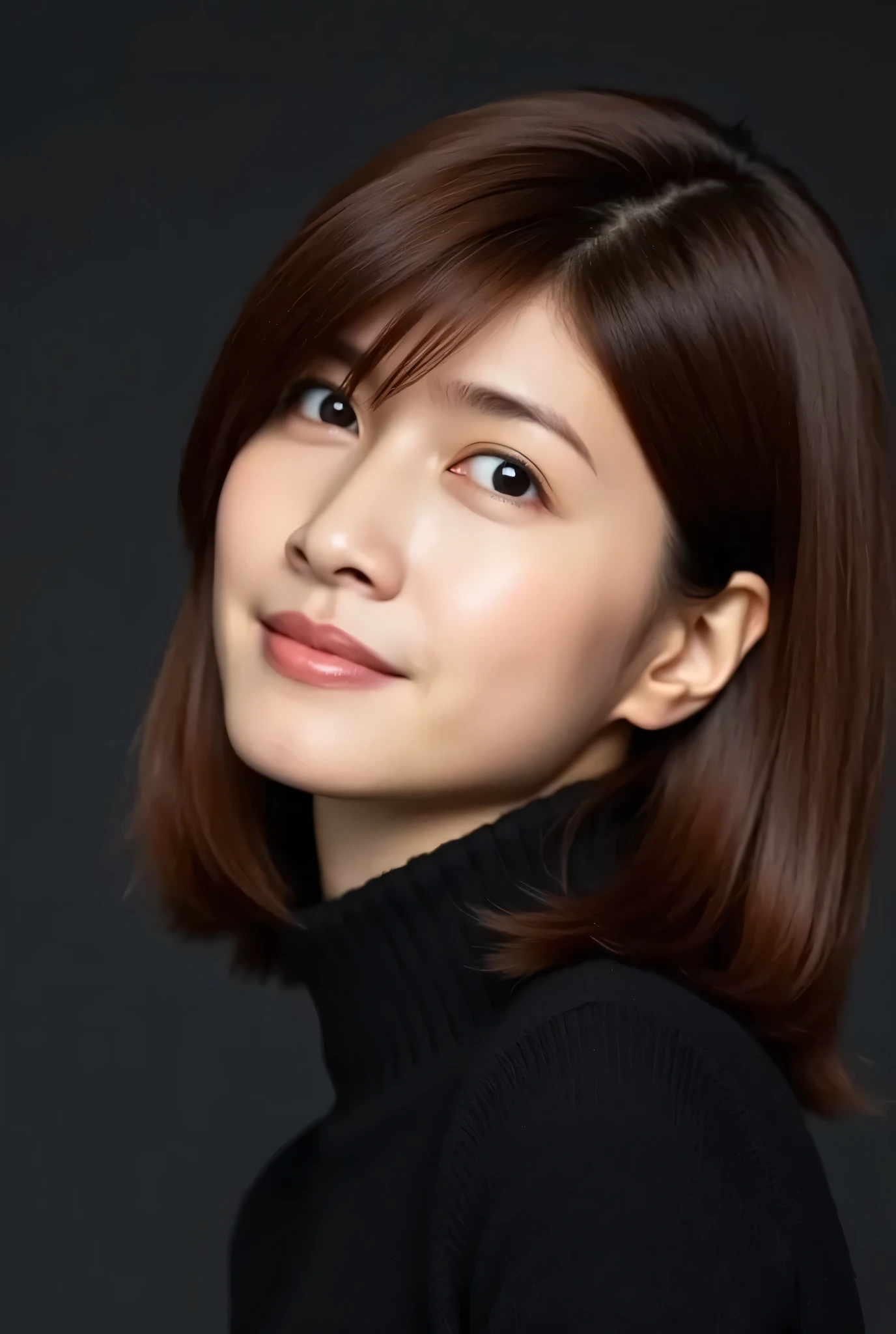 (((face close-up)))、(((Brown straight short bob that reaches her shoulders)))、(((She poses like a model in a hair salon, Indoor black wall background  .)))、(((Casual black winter long sleeve outfit)))、Half Japanese, Half Korean、18 years old、standalone、Headlines just before landing at sea、light eye makeup、brown hair、 flat at honey 、Fluttering in the Wind、Quality of actress、Glossy, Hyperrealistic Face、face smiling from waist up、teary eyes、Look up  、Modest Lighting Effects、 super realistic capture、very detailed、high resolution 16k close-up of human skin  。The texture of the skin is natural、Details where her pores are clearly visible、The skin is healthy、Even Tone、uses natural light and color、  worn out  , high quality photo taken by a model agency'In-house photographer  .、smile、(((   SIGMA 300 mm F   /1.4,1/ 1000 second shutter ,ISO 400))).Yuki Uchida
