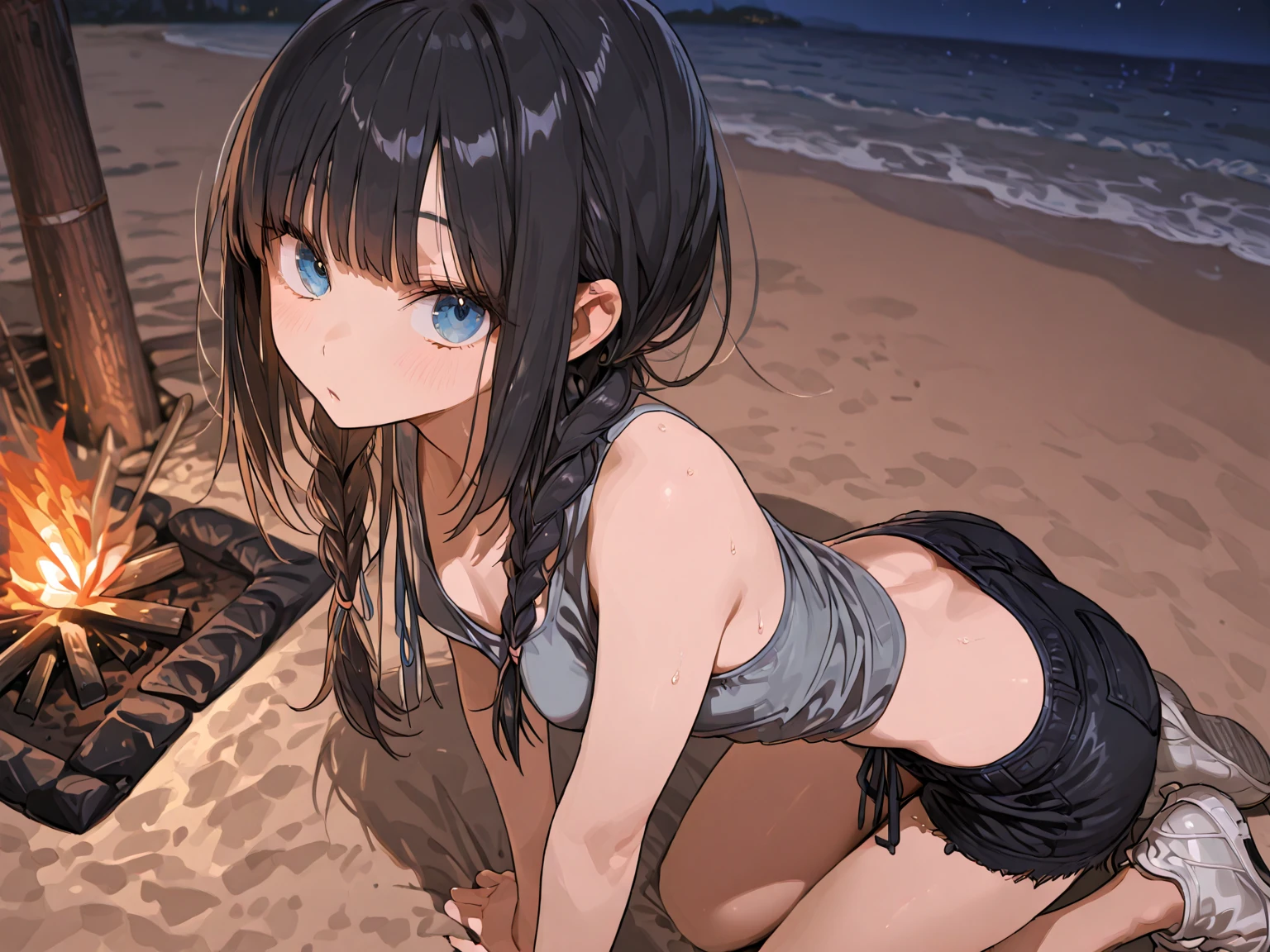 On all fours、One person、tideland、blue sky、Black T-shirt、Black Swimsuit、Short black hair、Thighs、Girl、Girl、Short、Younger、Lower school year、Baby Face、Both eyes open、flat chest、Angry、Dynamic Angle、Beach、My feet are covered in mud、There's a little bit of mud on my face、sunlight、masterpiece、best quality、ultra-detail、Seaside、Sandy Beach、Sweat、event