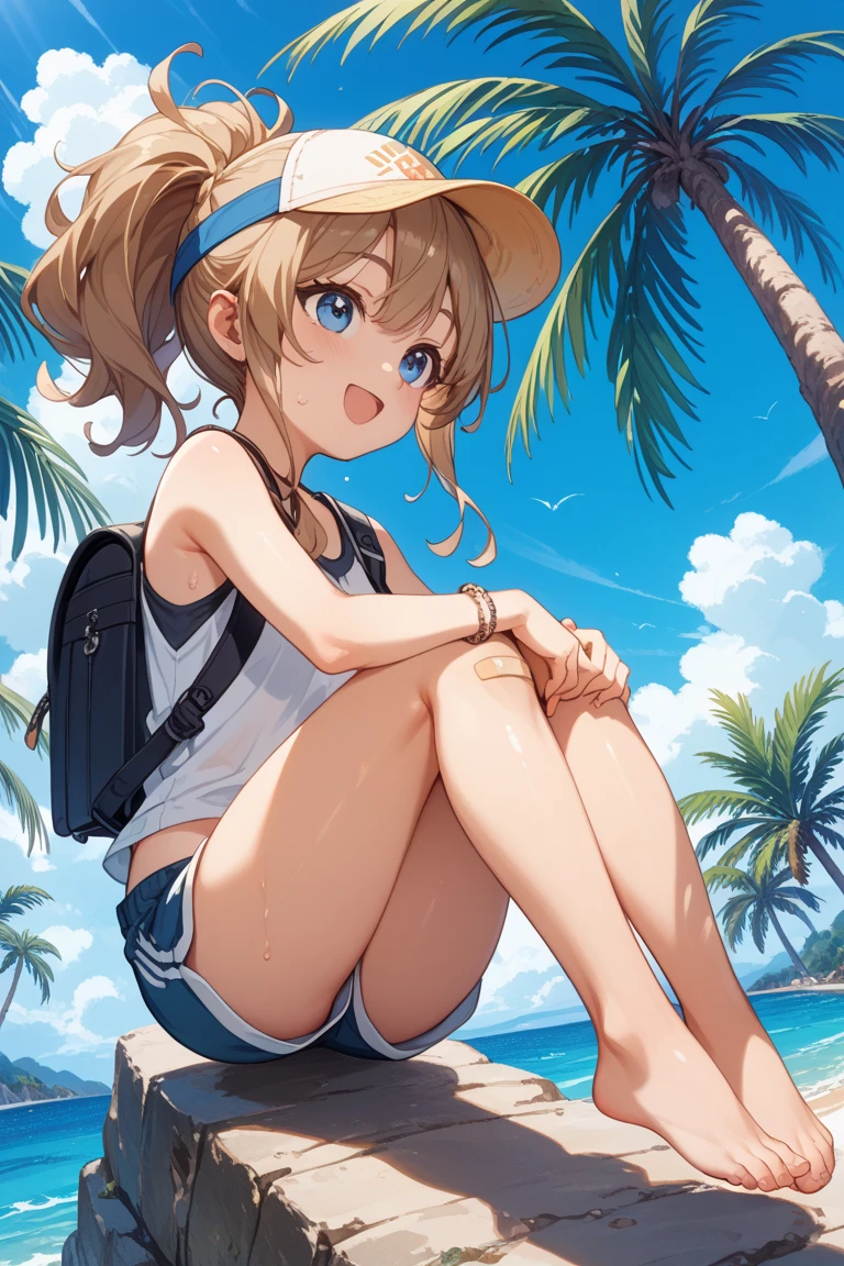 BREAK Perfect Anatomy、(High resolution:1.2)、Incredible illustrations、(Cute illustrations:1.2)、
()(dynamic angle,) (Beautiful background(sandy beach, morning sun))
1girl((brown hair,twin tails, tanned skin: 1.3,blue eyes,fang)1girl((a girl,slender 1.7meters, 45kg, ((Straw hat, short T-shirt, sandals,Competitive swimsuit),,cameltoe,)),