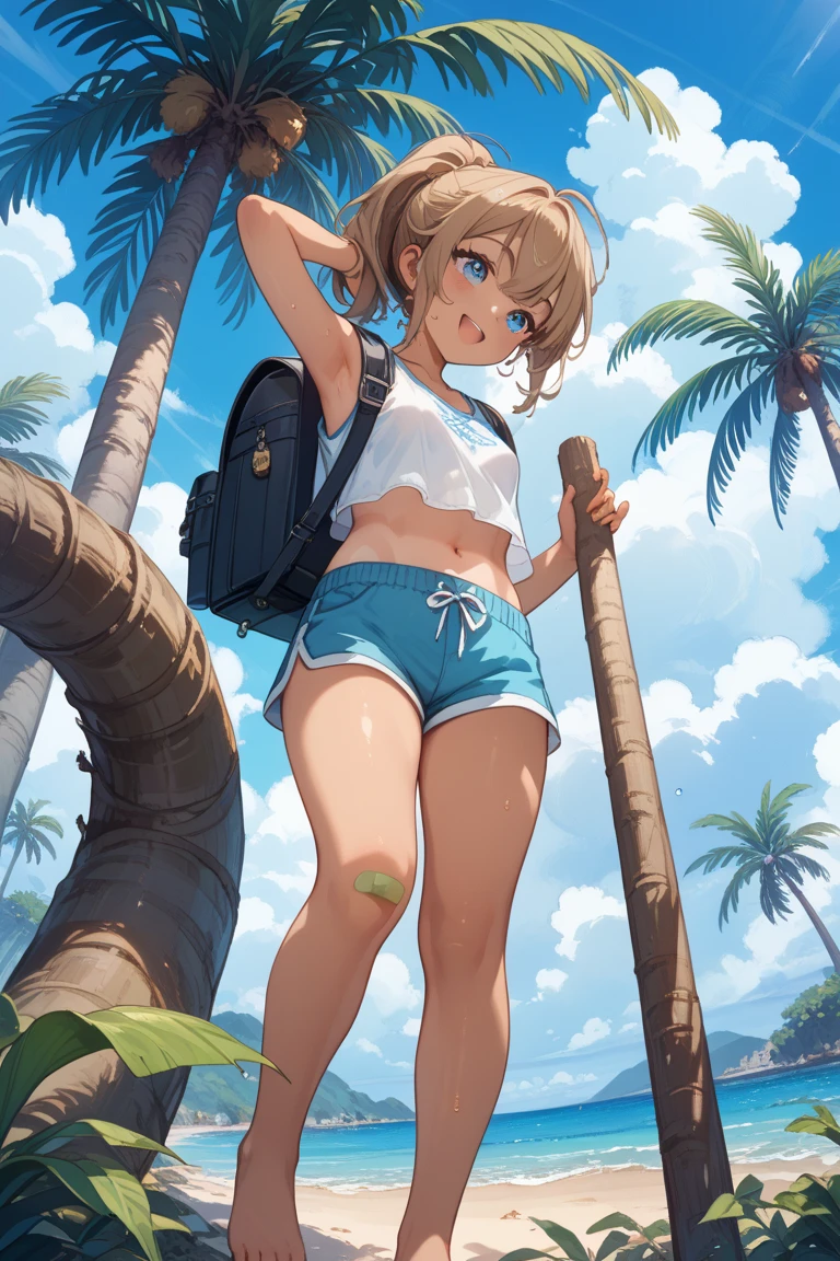 clear line, sharp line, nsfw, sweaty, hot weather, hot, sweat, masterpiece, no watermark, body steam, steam comes out of body, many steam, embarrased, heatstroke, wet, lots of steam, steam comes out of legs, very hot weather,heat exhaution, 50 degrees Celsius, smile, body hot, body fume, hot and hot, exposed, small pants, cameltoe, crying, ripped pants, lewd
