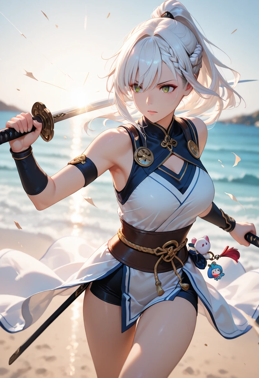sandy beach,braids,white hair,wearing a hoodie over a bikini,big sword,short skirt,Stick Out Tongue