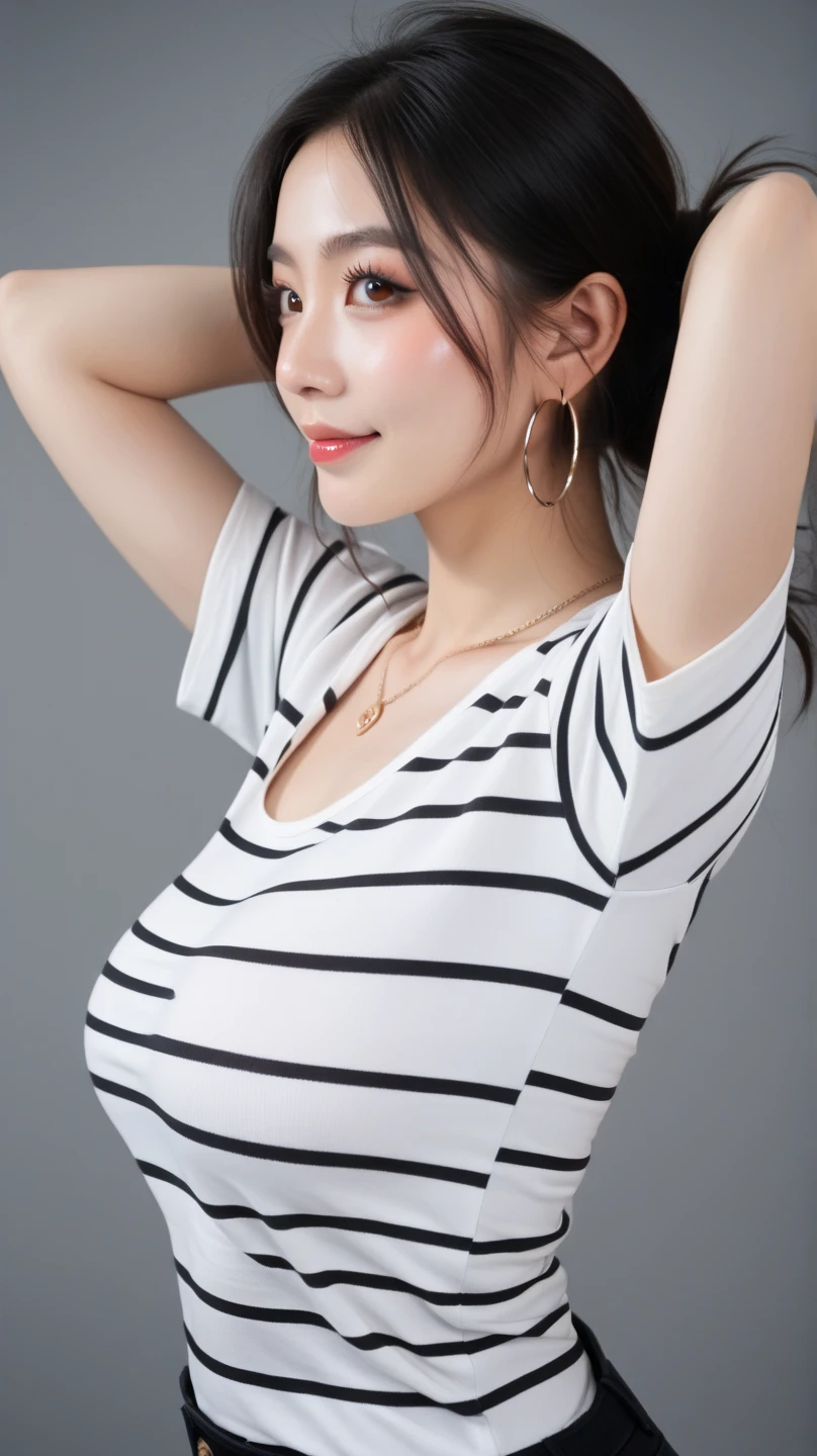 Woman sitting on bed, wearing stripe shirt, Black and white clothes, Expose the collarbone，Exposing armpits，Shoulders exposed，Expose cleavage， female actress from korea, Expose the collarbone，Shoulders exposed，Expose cleavage，Open V corset，cleavage，Bust and SFW，Breasts，wlop glossy skin, Japanese goddess, Shiny wet skin!!, breasts covered and sfw, photorealistic perfect body, Realistic sensual gravure idol, ultra-realistic picture, an oppai cyberpunk, Beautiful detailed body and face, cinematic bust shot, gorgeous chinese models, seductive anime girls, asian hyperdetailed，perfect female shape，Yoshitomo Nara, She was about 25 years old, She was about 25 years old, Lu Ji, She was about 25 years old, Photo of female model with perfect body，Not wearing underwear