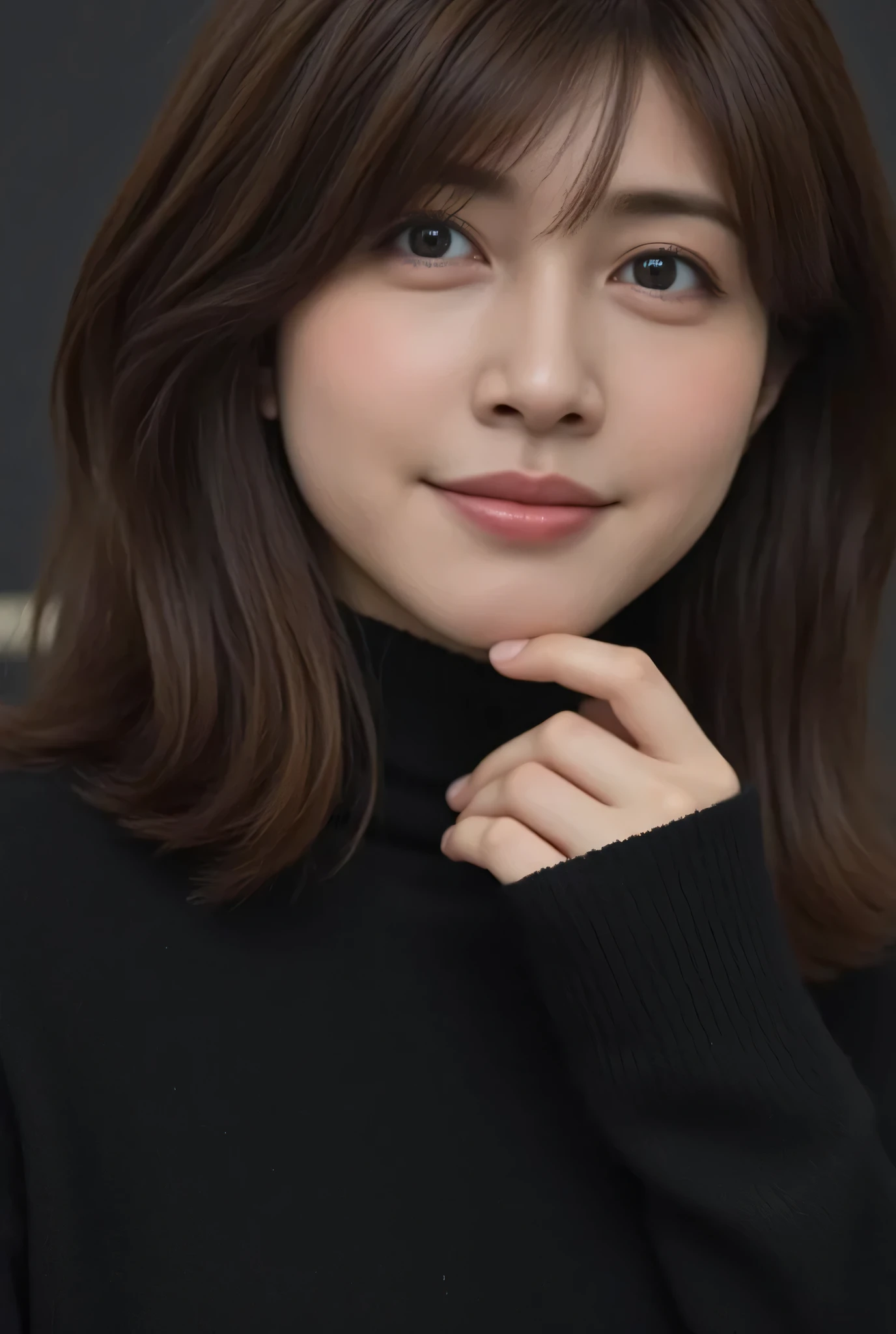 (((face close-up)))、(((Brown straight short bob that reaches her shoulders)))、(((She poses like a model in a hair salon, Indoor black wall background  .)))、(((Casual black winter long sleeve outfit)))、Half Japanese, Half Korean、18 years old、standalone、Headlines just before landing at sea、light eye makeup、brown hair、 flat at honey 、Fluttering in the Wind、Quality of actress、Glossy, Hyperrealistic Face、face smiling from waist up、teary eyes、Look up  、Modest Lighting Effects、 super realistic capture、very detailed、high resolution 16k close-up of human skin  。The texture of the skin is natural、Details where her pores are clearly visible、The skin is healthy、Even Tone、uses natural light and color、  worn out  , high quality photo taken by a model agency'In-house photographer  .、smile、(((   SIGMA 300 mm F   /1.4,1/ 1000 second shutter ,ISO 400))).Yuki Uchida