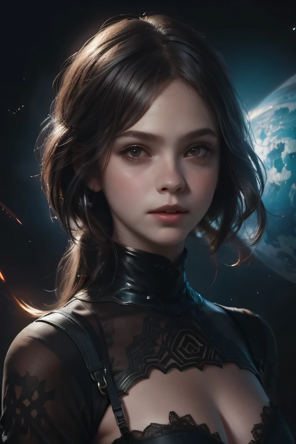 portrait Ariana Grande, wearing breasts alien costume, against the background of planet Earth, character portrait, 3 9 9 0 s, short hair, intricate, elegant, highly detailed, digital painting, artstation, concept art, smooth, sharp focus, illustration, art by wlop, charlie bowater and alexandra fomina, 36k