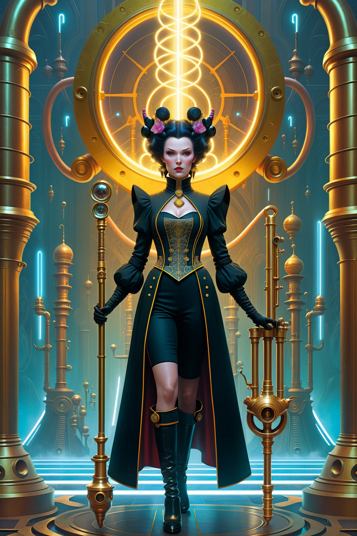 RPG demonic, Tom Bagshaw style, retro futuristic heroine,beeple and jean giraud style, Baroque, hyper - detailed color photo, with large golden pipes