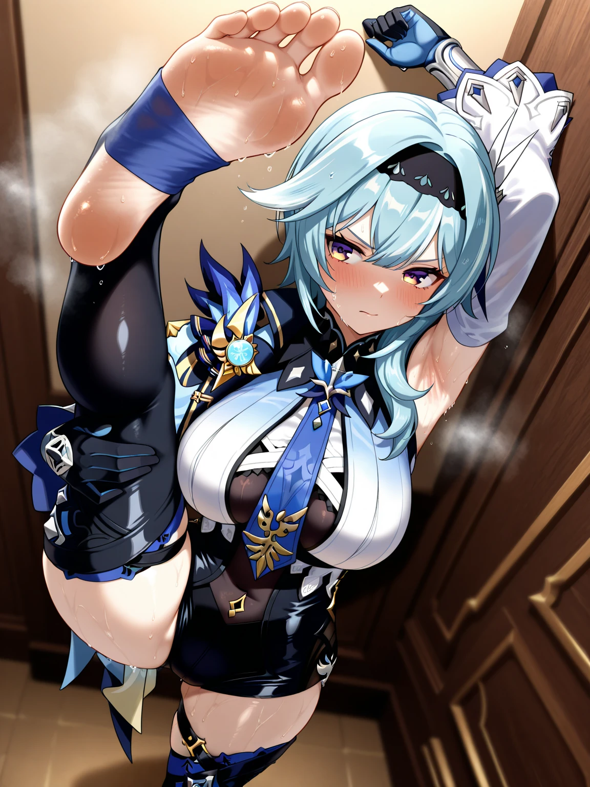1girl, bangs, bare shoulders, bed, bed sheet,medium hair, blue hair, blush, breasts, gloves, hair between eyes, looking at viewer, on bed, sitting, solo, symbol-shaped pupils, (eula_genshin_impact),thighhighs, yellow eyes, cleavage ,huge breasts,crossed legs,sitting reclined,extended legs