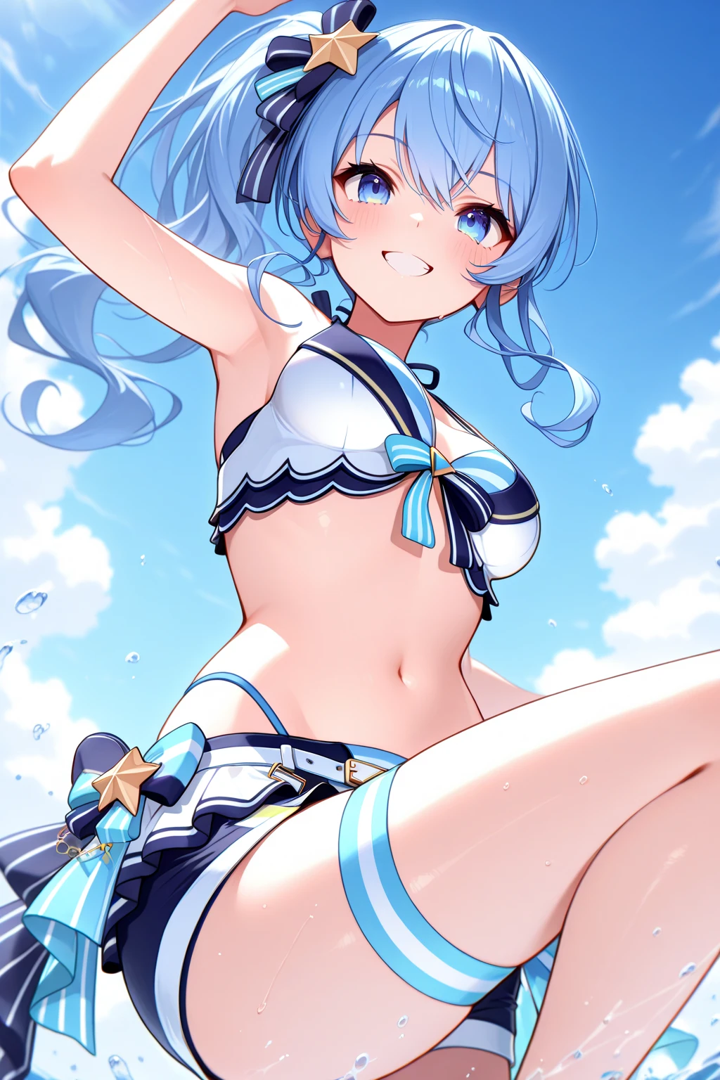 naughty face aqua konosuba smiling , blue hair sexy girl, no clothes, big ass, big bobs, White background