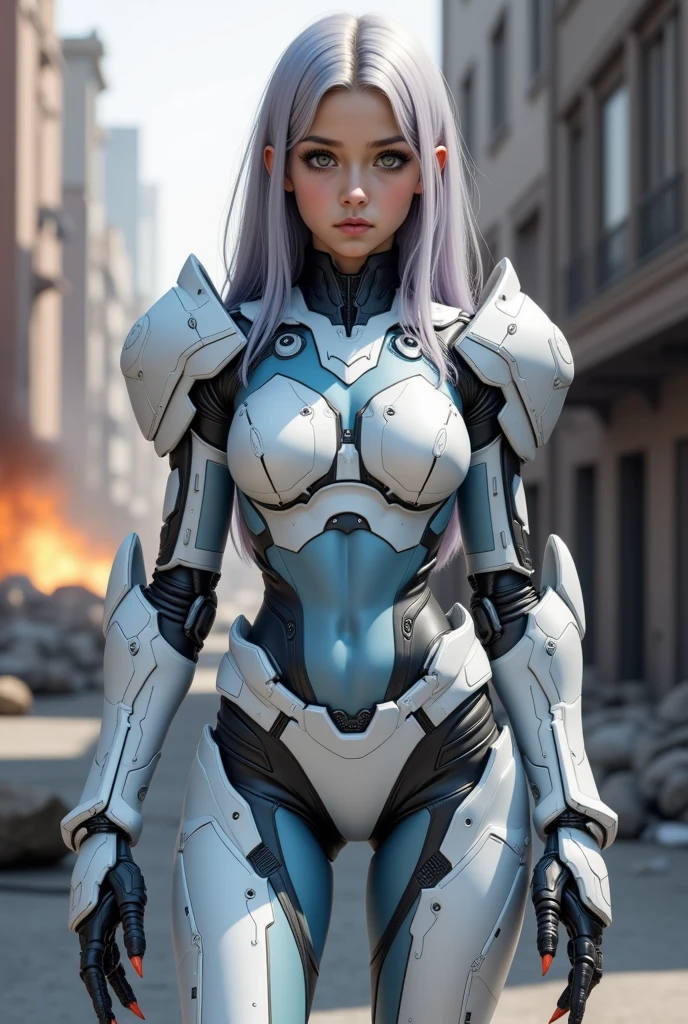 miling minchen, aburdes, (mouth:1.16) closed, balanced eyes, (Best quality details:1.2),realistic,8K High definition,Ultra Detailed,High quality texture,intricate details,detailed texture, finely detailed, high detail, extremely detailed high quality cyber mechanics 1girl sexy punk,gray pink white skin armored background of vast grassland and abandoned city