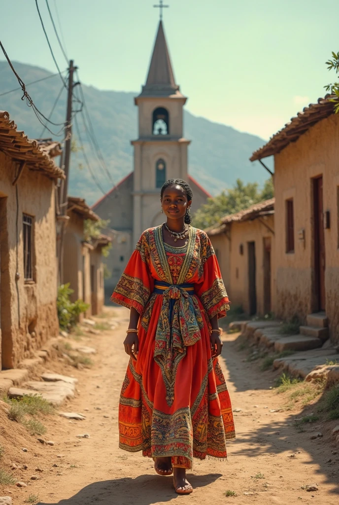 A striking Ethiopian influencer posing in front of the rock-cut churches of Lalibela, su largo, cabello oscuro adornado con trenzas y cuentas tradicionales, wearing a skin-tight red habesha kemis with a plunging neckline and matching high-heeled sandals, adding a touch of appeal to the cultural richness of Ethiopia&#39;s religious heritage. Cuerpo ajustado. Copa F. escote. cara perfecta. Dedos perfectos. mano perfecta. piernas perfectas. pies perfectos. Capture the essence of the Ethiopian look and feel..