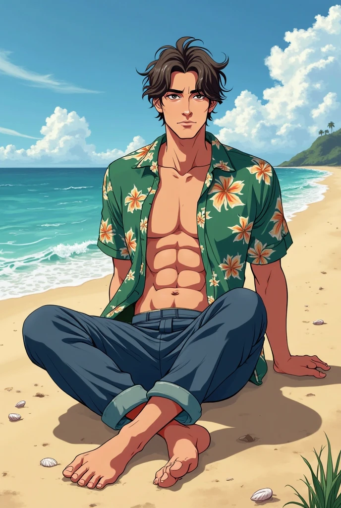 a man on a beach, shirtless, green shades, yellow and blue striped shorts