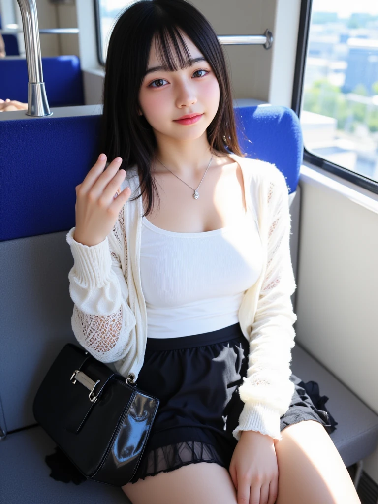 Japanese female, a lot of details, (underweight), 30 years old, detailed black hair, beautiful detailed hair, super fucking beautiful, delicate beautiful face, complex details beautiful and delicate eyes, perfect hands, (flat chest best quality:1.5), perfect and delicate limbs, detailed skin, best quality, ultra-detailed,(cheerful grin:1.5),
(looking away:1.4) ,( staring at smartphone:1.7),on the train, train interior, (sitting:1.3),(skirt:1.3), show off panties, white panties, (cameltoe:1.3), front view of front seat