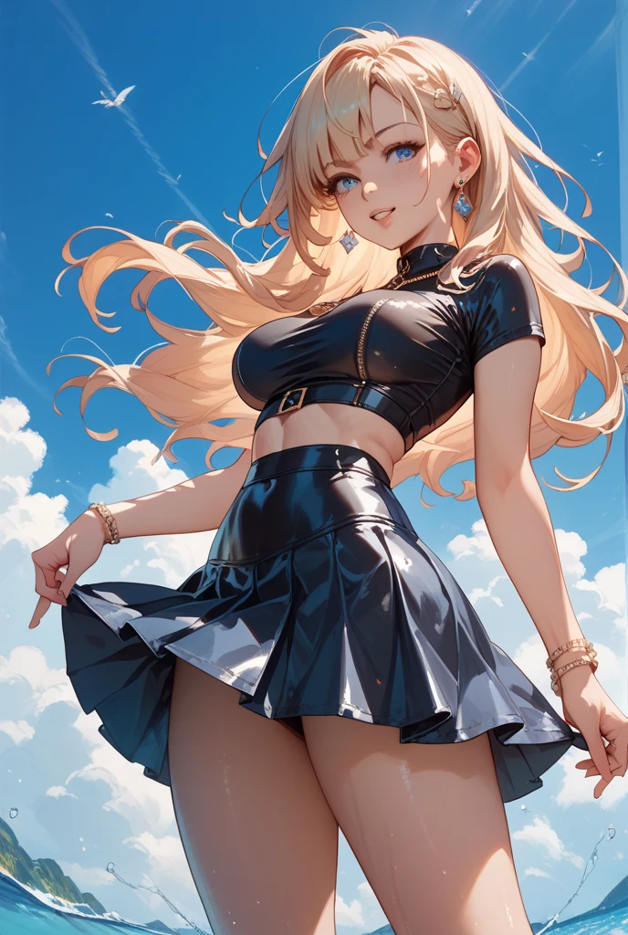 (score_9, score_8_up, score_7_up, score_6_up, score_5_up, score_4_up), masterpiece, best quality, high_resolution, 8k, UHD, 1girl, detailed, extremely detailed, best anatomy, (large breasts), outdoor, long hair, blonde hair, high ponytail, bangs, green eyes, lustful eyes, seductive look, navel, white shirt, sleeveless, black skirt, short skirt, sky view, lift up the skirt, shot from below, pussy, nsfw, blush,