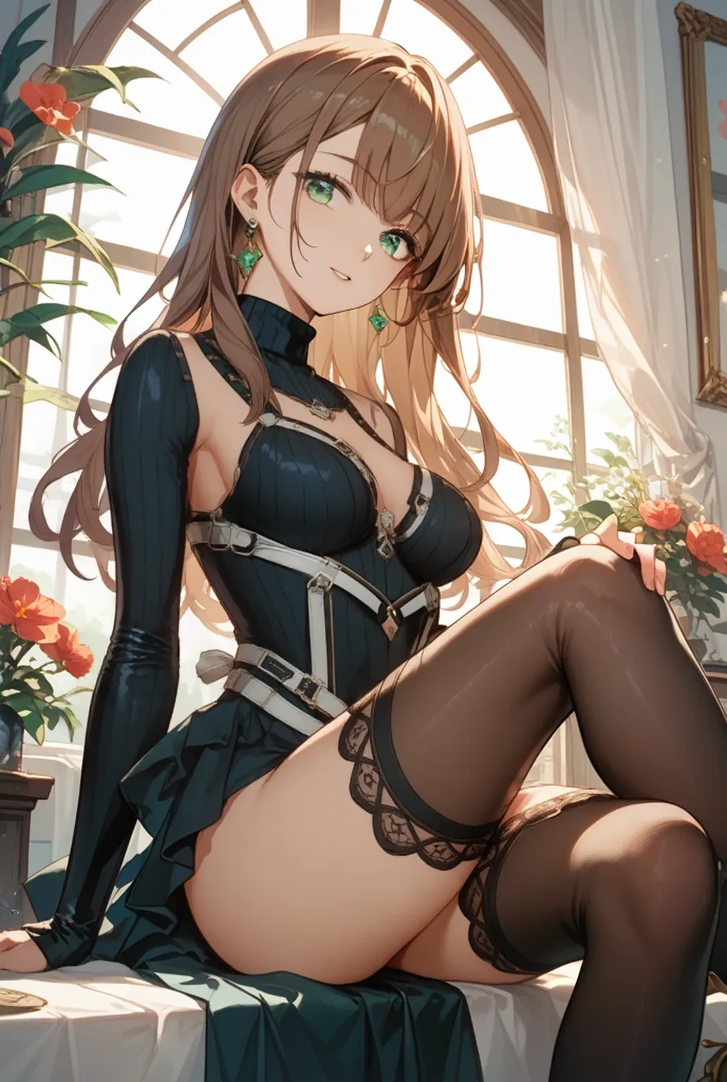 (((masterpiece, Highest quality, High resolution, 超High resolution, Perfect Pixel, Depth of written boundary, 4K, RTTX 10.0))), Beautiful Anime Women, Beautiful art style, Anime characters, ((Smooth texture, Realistic texture, Anime CG Style)), Exact finger count、Exact number of legs、(Exact number of arms:1.0, Exact number of hands:1.0), (Perfect hands, Perfect Anatomy), Cinematic, Realistic, Extremely detailed CG, Daytime lighting, Perfect lighting, Best Shadow, The best natural light, whole body, Perfect body, バランのとれたPerfect body, Perfectly balanced style, (Slender body:1.2), ((Long Hair, bangs, Reddish brown hair, Stylish hairstyle)), ((A cute woman stands with her hands in her panties:1.8)), (Put one hand in your panties:1.8), (fingering:1.8), (pussy juice:1.5), ((Bow tie around neck, High heels:1.3), (Sexy and cute emerald green underwear:1.3), (Stylish shiny emerald green satin panties, Side-tie panties, Panties with plain emerald green in the center and lace decoration on the sides:1.3), (Thin panties with ribbon:1.3), (Emerald Green Micro Lace Satin Bra, Emerald green bra with lace trim, Thin bra with ribbon:1.3), (lace garter belt, Garter Strings, Knee socks:1.3):1.3), (Beautiful big , Cleavage:1.1), (Embarrassed expression:1.4), blush, (sexual pleasure expression:1.5), (The expression of someone who is holding in the toilet:1.4), (Look up, Mouth half open:1.4), (Half-close your eyes:1.3), (Stylish cake shop, Receiving guests, Many customers in the background, A busy store, Chair, table:1.3), naked, In underwear, Waitress in underwear, (Frilly maid-like headband:1.2), whole body, Angle from the front, chizuru