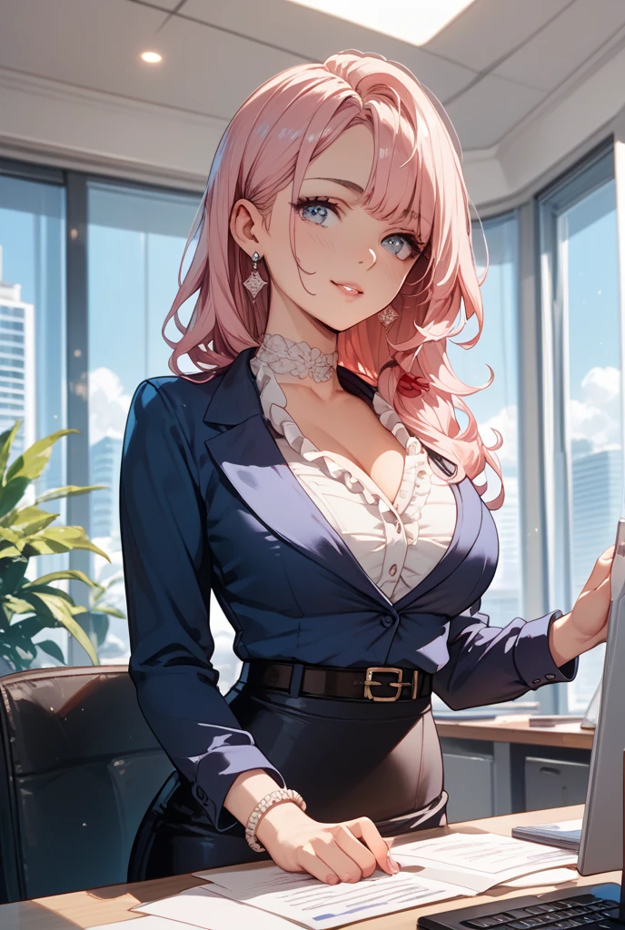 (masterpiece:1.2), game CG, highest resolution, official illustration, three-dimensional coloring, detailed coloring, (detailed description:1.3), (artistic beauty:1.3), (1girl:1.2), (solo:1.2), (cute:1.2),
pink long hair with slightly curled ends, red eyes, youthful round face with small nose and lips, larger eyes, soft cheeks, slender body, large chest, dark grey tailored fit pantsuit, white blouse, simple necklace, black high heels, modern office with glass walls, desk with computer, potted plants, sitting on the edge of the desk with arms crossed and smiling, natural light coming from the window, bright and professional color scheme, realistic style, laptop and coffee cup on the desk, taking a break from work, relaxed atmosphere, professional impression