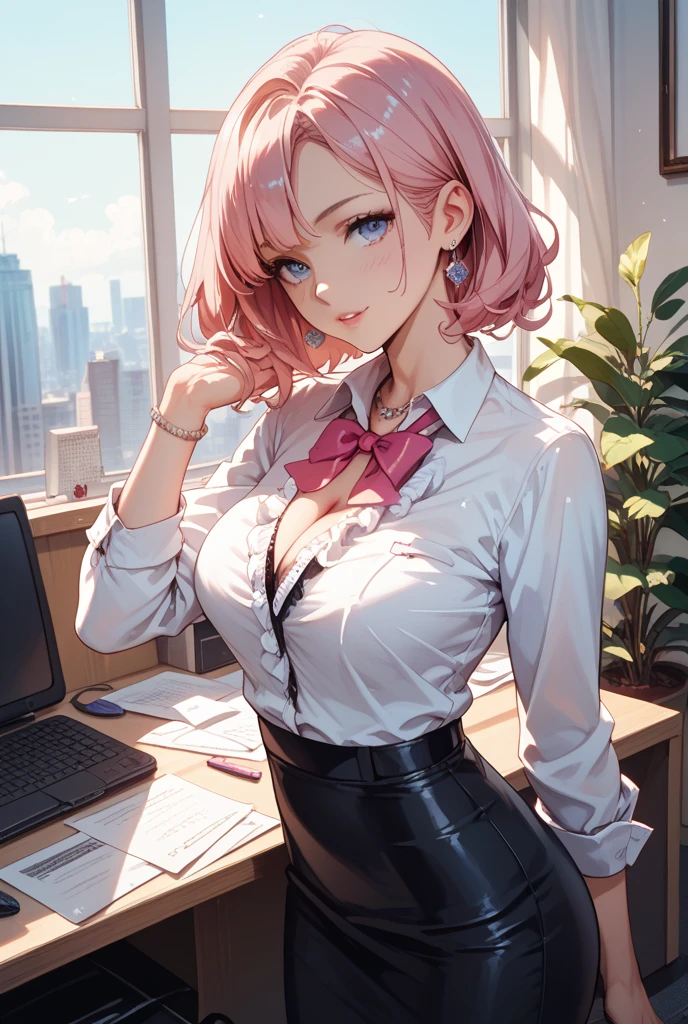 (Best quality:1.1), (Masterpiece:1.2), Highqualityshadow, Beautiful detailed, Beautiful face, Detailed eyes, Off-the-shoulder attire,Depth of field, A high resolution, Best shadow, Best illumination, 1girll, view the viewer, (A pink-haired:1.3),Brush cut,extra very short hair, Blunt bangs, Long hair, Black eyes, Shy, Large breasts, Miniskirt, blouse, Blazer, Pump, Office Lady, Glasses,cleavage,looks into camera,ssmile,closeup cleavage,Superskirt