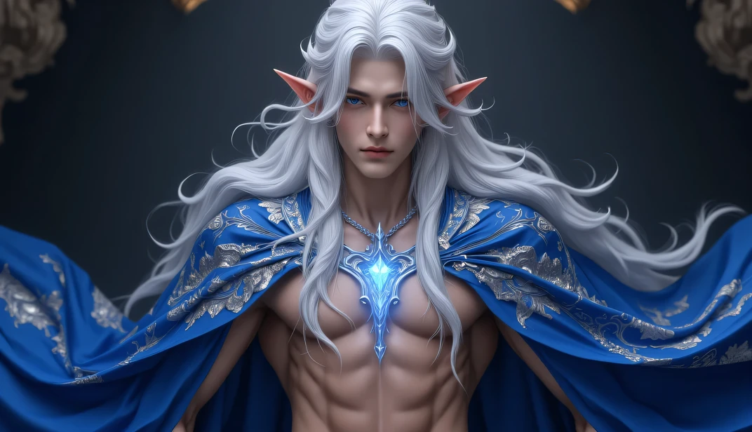 Ultra-detailed fantasy elf prince with long platinum blonde hair, glowing blue eyes, and sharp facial features, wearing an open royal blue cloak with intricate silver embroidery. Bare muscular chest with defined abs, wearing a glowing crystal necklace. High fantasy atmosphere, dark moody background, soft rim lighting on hair and skin, 8k ultra-HD quality, anime realism fusion, SeaArt style.