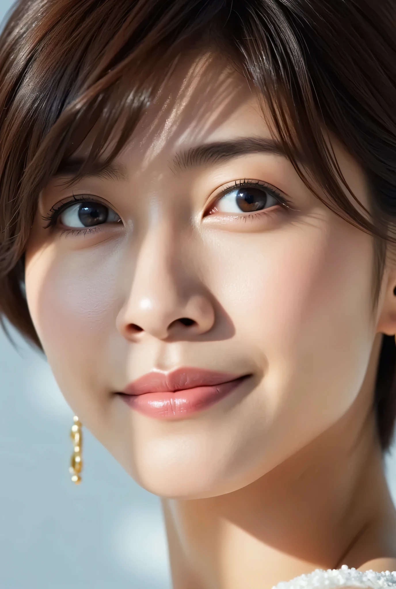looking at viewer, beautiful skin, beautiful eyes, beautiful face, highly detailed eyes, make up, masterpiece, Super Details, Best lighting, Realistic and Realistic Pictures, high definition RAW color pictures, slightly smile, Yuki Uchida