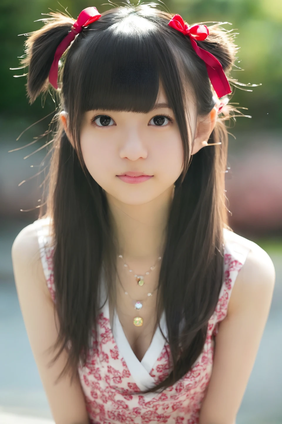 (4K,  Best quality, A high resolution:1.1), (Realistic, photo-realistic:1),  Flat chest cute girl, asuka, (Cute:1.8), Beautuful Women,  Solo, (Flat chest:1.2), Detailed black eyes, Innocent eyes,  cheek blush , Random clothes,
Masterpiece,  Beautiful lighting,Cinema lights,filmgrain,jewelry, heart shaped necklace, Earrings,  bangs, Cherry lips,  Hair ribbon,  ribbon, bow, Hair accessories hair bye,  double tails,  view the viewer, Long hair, Upper body, parted lip,  Top Teeth, (smile eyes:0.6), 
Depth of field,   The background is blurred out,  Eye focus, Bokeh, 85mm lens, f/1.4 , Professional lighting, photon maping, Radio City, Physically-based rendering,High detail,  Masterpiece,