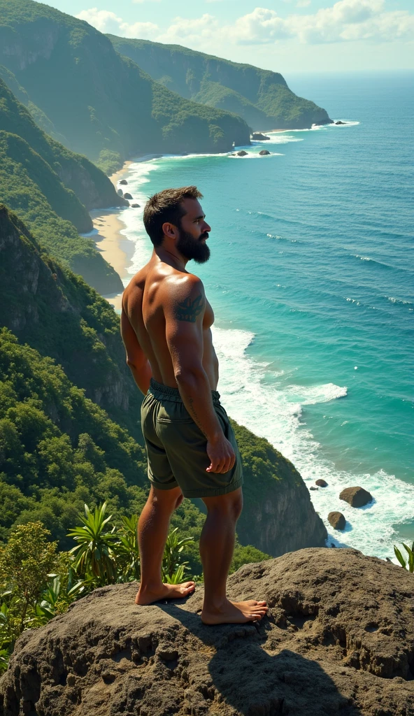 wide shoot of the back of a kinda muscular favela, brazilian dude sitting of an surfing board at the ocean, looking to the left, he has a V low fade.and a small brazilian mustache