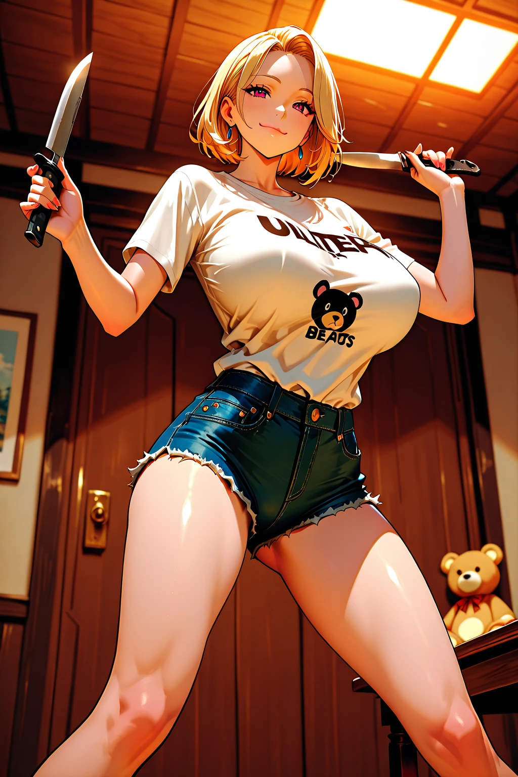 Chubby girl with short brown hair, she has reddish eyes, huge breasts, she wears a suit and is holding a knife