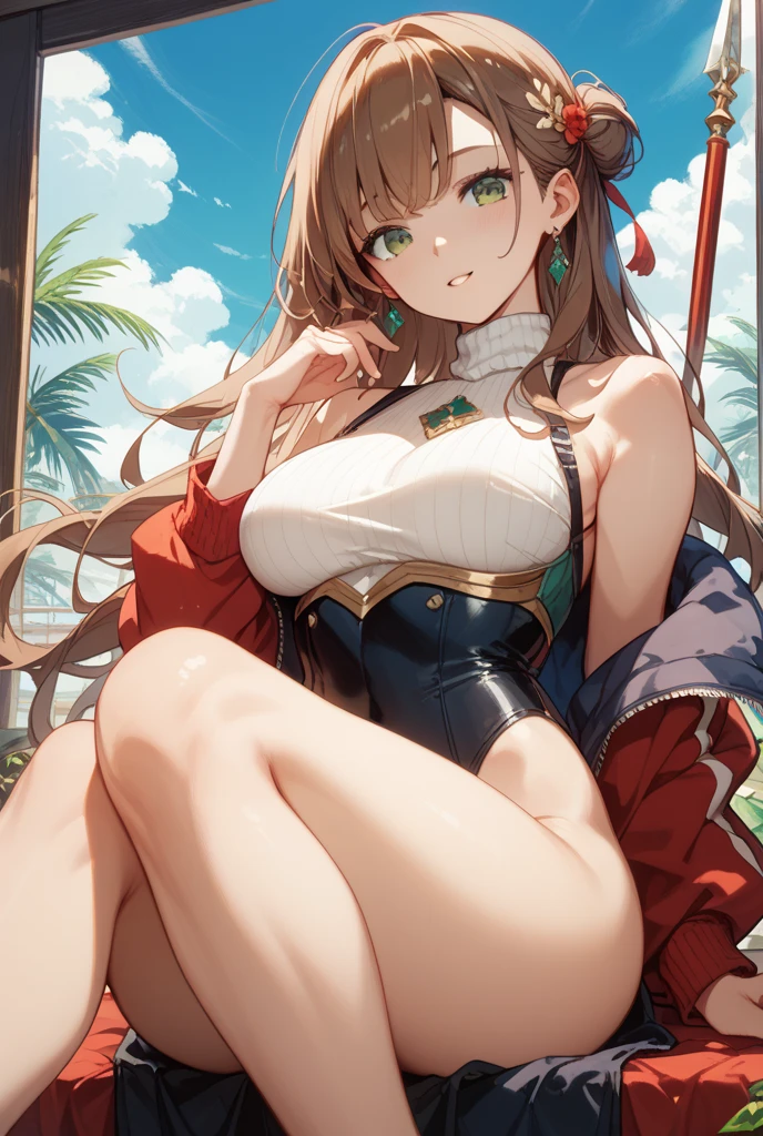 masterpiece, best quality, highres, 1girl, symboli rudolf (umamusume),full body wide angle, bewitching poses, (frame the head),cross halter bikini, blush, kneeling, beach, sunset