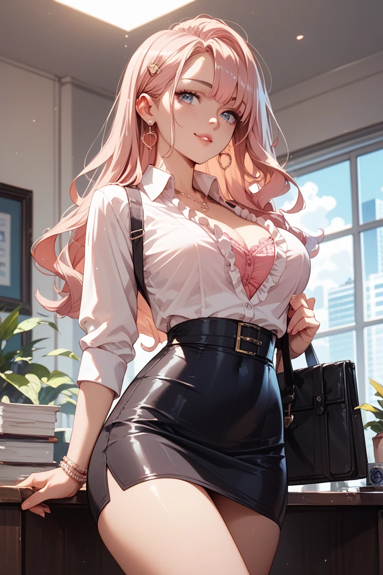 Nicole starts (1.5&oversize&pony) | Genless Zone Zero,latex clothes, collar shirt, pencil skirt, black pantyhose, ((office)),((company)),((Mesugaki)),