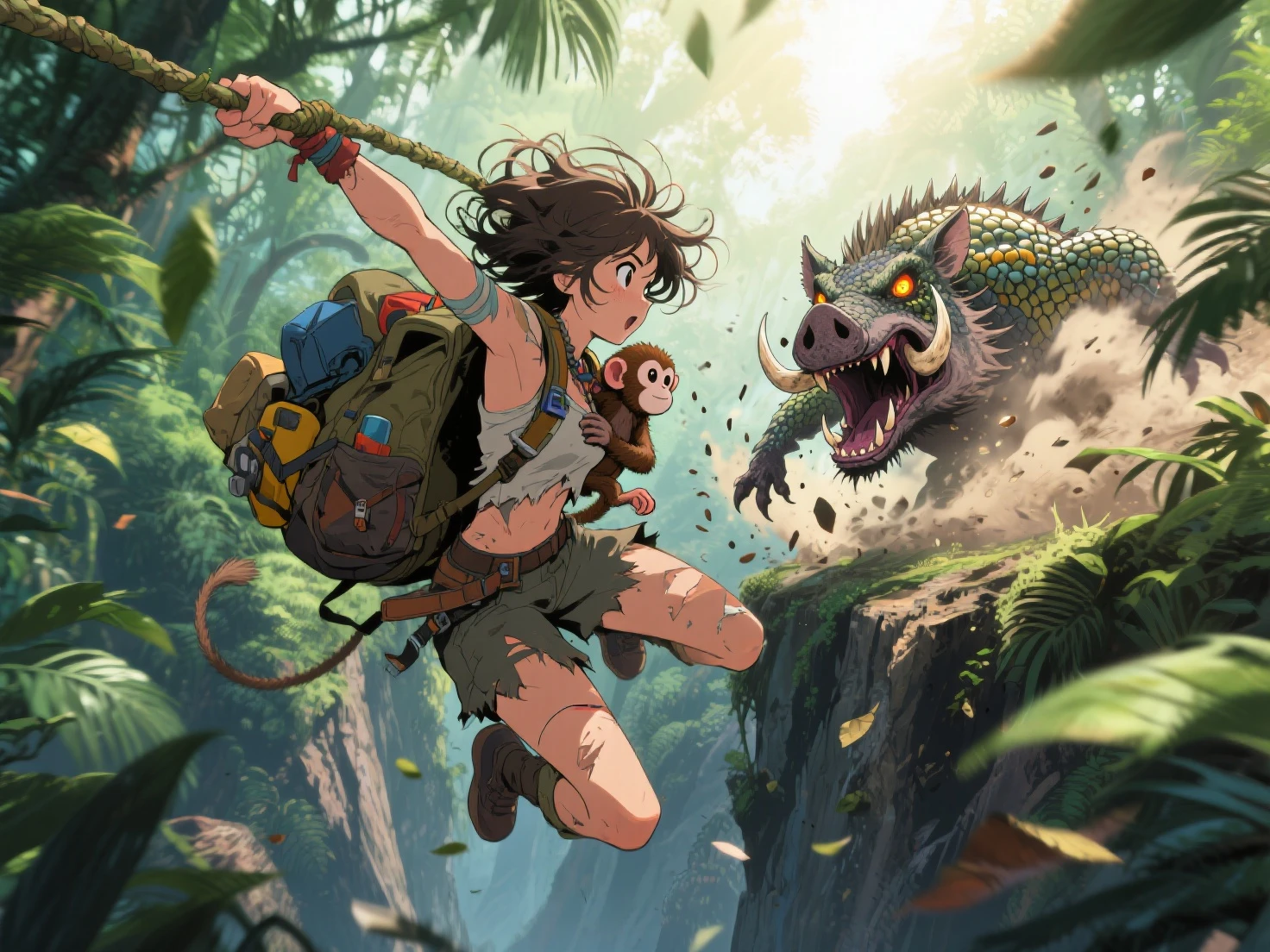 A blend of comic book art and lineart full of natural color, a young brave and fierce angry Vietnamese girl in the jungle fighting a snake and dinosaurs with a machete, the best quality, masterpiece, high-resolution, acrylic painting, trending on Pixiv fan box, palette knife, and brush strokes, style of makoto shinkai, Jamie Wyeth James Gillard edward hopper Greg Rutkowski studio ghibli Kenshin impact
