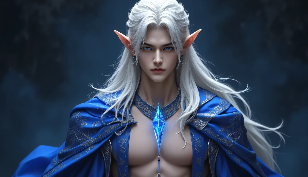 Ultra-detailed fantasy elf prince with long platinum blonde hair, glowing blue eyes, and sharp facial features, wearing an open royal blue cloak with intricate silver embroidery. Bare muscular chest with defined abs, wearing a glowing crystal necklace. High fantasy atmosphere, dark moody background, soft rim lighting on hair and skin, 8k ultra-HD quality, anime realism fusion, SeaArt style., different style position,


