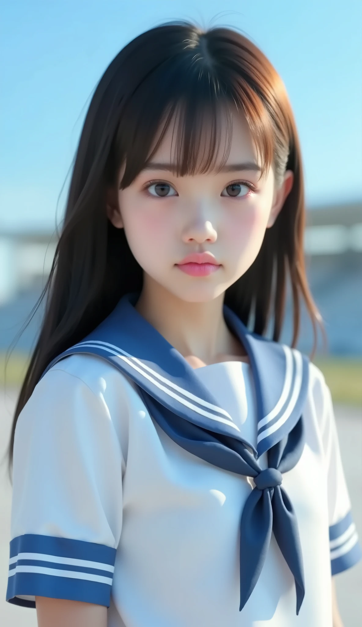 One Girl, alone, Show Viewer, Blonde long hair, Wearing a sailor uniform, Brown eyes, Upper Body, Gray background, Normal chest, lips, Realistic, Königsreuter