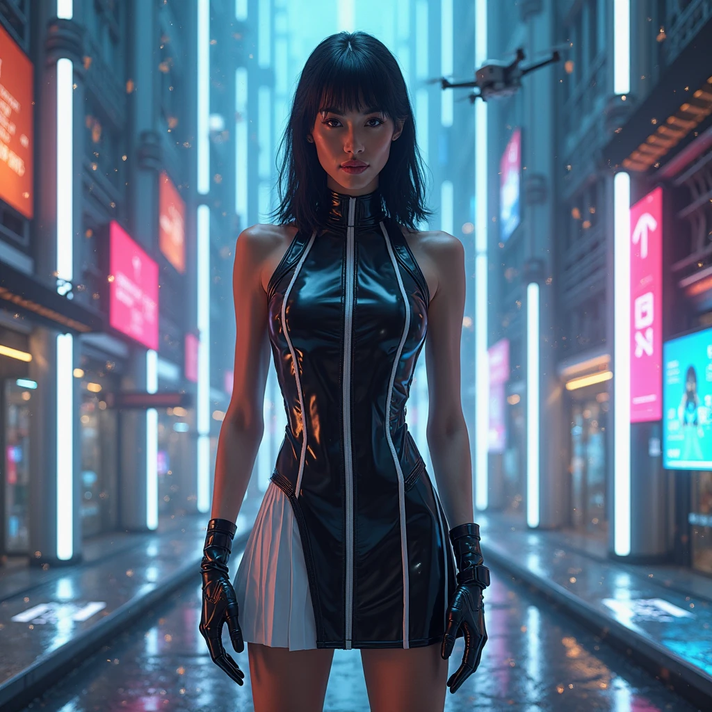 (Wide angle view). "ghost in the shell" film inspired futuristic Tokyo city, simple outlined neon tall buildings, OLED holographic portrait on buildings, glowing giant clock tower, 1drone, lightning, 3D rendering Beeple. At night, (1girl, solo, alone), photorealistic, medium-breast slim:0.6 body, oval:0.5 face, cleavage:1.1, sexy costume with deep-v, low view pleated miniskirt, glove, (Matrix style black micro sunglasses), ((aiming viewer with a short gun)), (running pose), (half-body thigh level close-up shot), cinematic lighting, ray tracing.