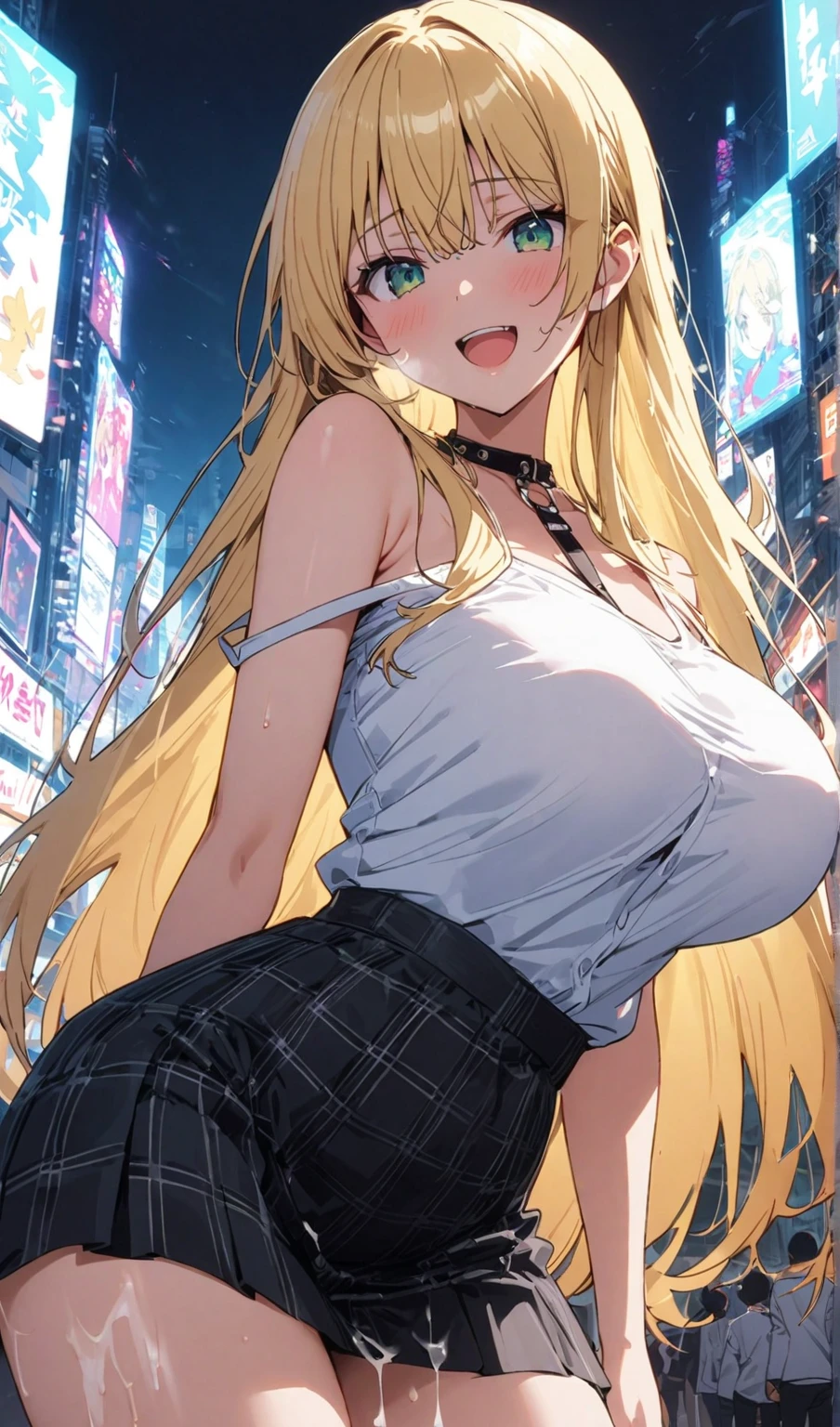(masterpiece:1.37), best quality, (extremely detailed:1.37), woman, (mature:1.5), (adult:1.5), large breasts, very long hair, (straight hair:1.5), dark purple hair, purple eyes, (extremely detailed eyes:1.37), crop top, cleavage, navel, cleft of Venus, jeans, desperation, (wetting self:1.5), standing, embarrassed, humiliation, blushing, angry, city, futuristic, neon lighting, high-tech, street, skyscraper