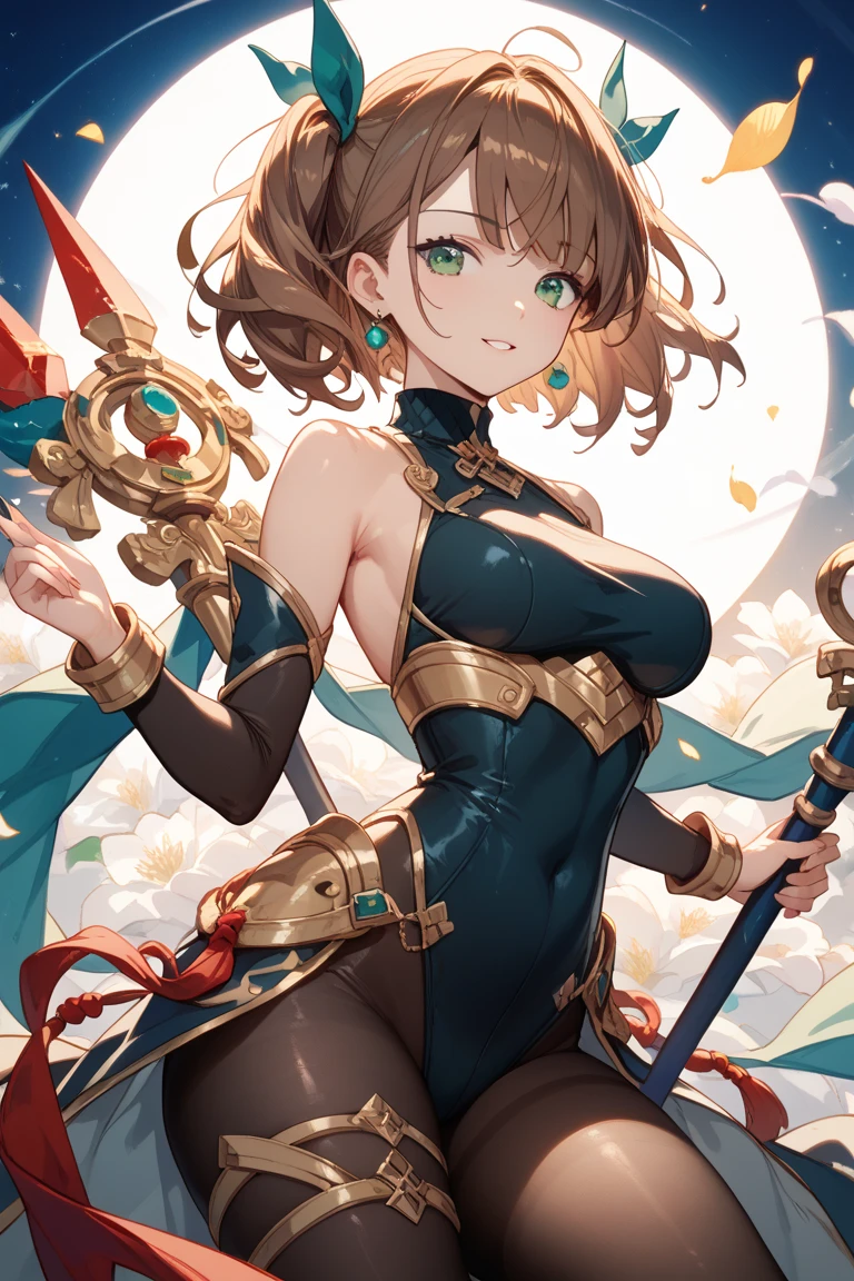 1girl, looking back, green emerald eyes, foxy mature eyes, detailled eyes, eyelashes, eyeliner, frowned eyebrows, smirk smile, full lips, closed mouth, brown hair, straight bangs, shoulder length hair, medium short hair, deep purple clothes, fantasy clothes, royal clothes, mage clothes, large hips, thin waist, small chest, pierced ear, body jewellery, thick thighs, callipygous figure, arms jewellery, open neckline, mage, purple magic, mature face, smirking, black thighs