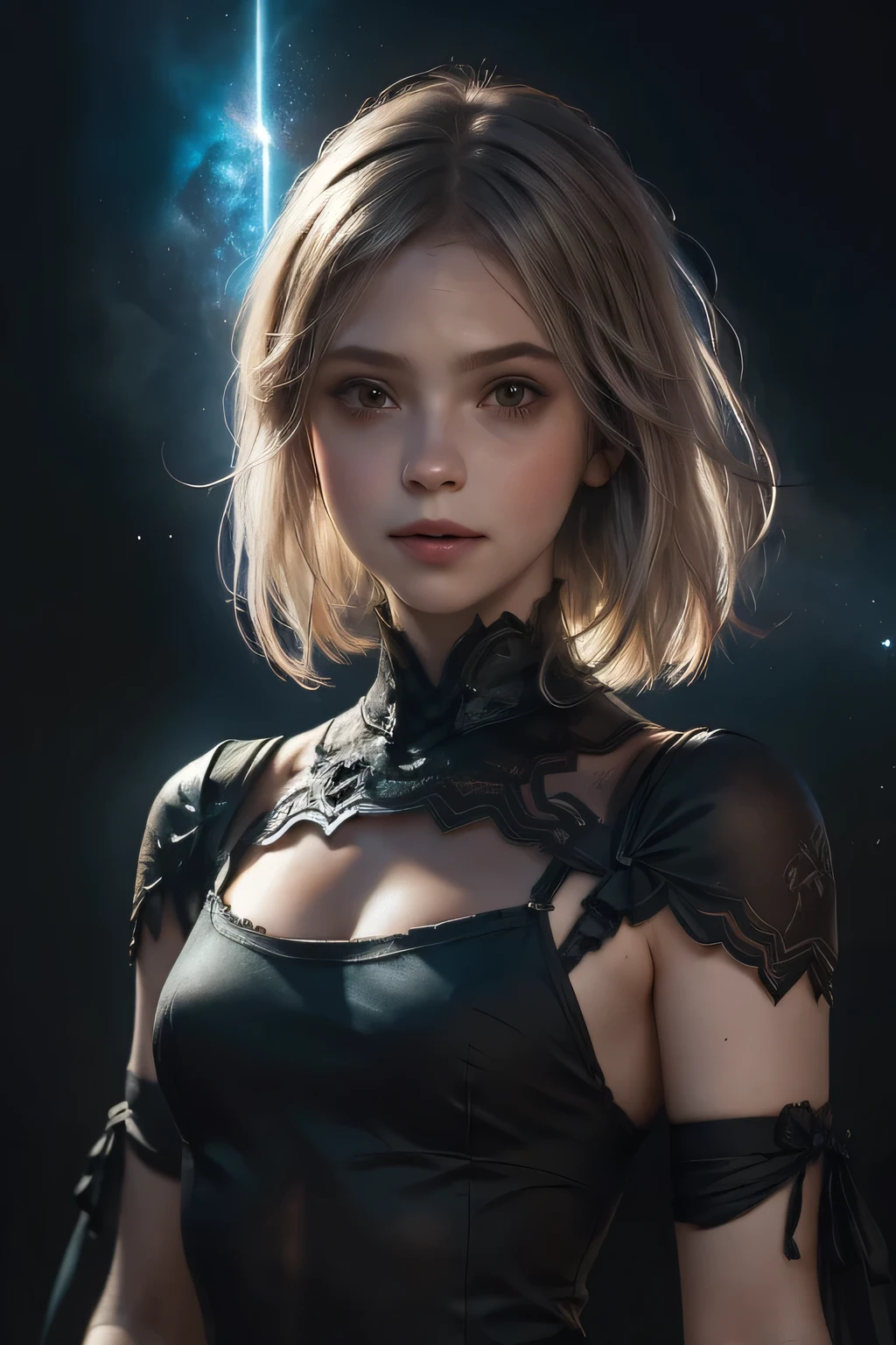 concieve a female character that blends the worlds and character design of nier automata and denis villeneuve, seemlessly blending hyper technology with elements of cosmic horror and the occult, subtle sensuality, quiet seduction