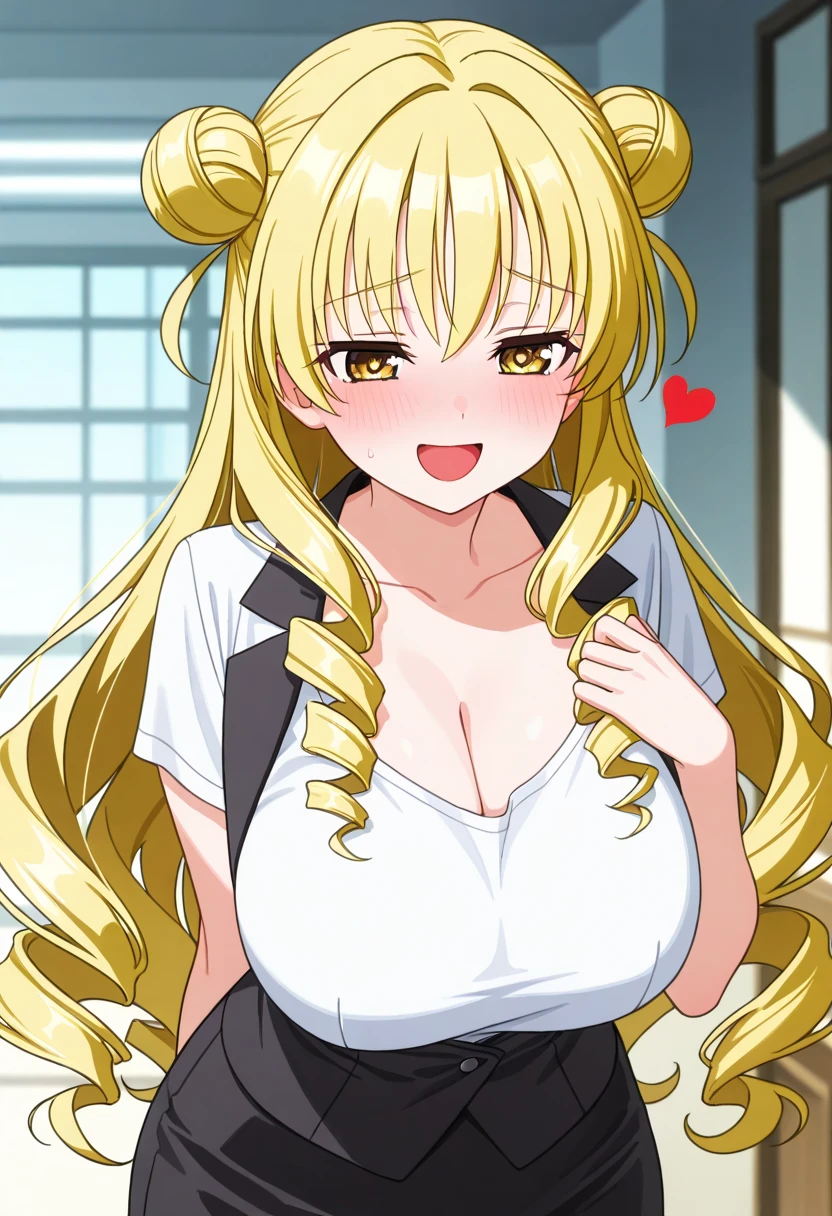 ((Best Quality)), ((Masterpiece)), (detailed), 1 girl, Pastel yellow hair, long hair, hair covers one eye, purple eyes, big breasts, big thighs, expression smiling shy, white button-down t-shirt, purple skirt, brown pantyhose