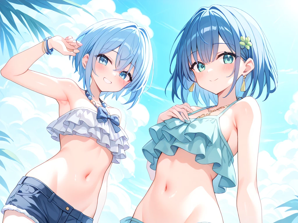 Girl、Blue hair short、bikini、Embarrassed
