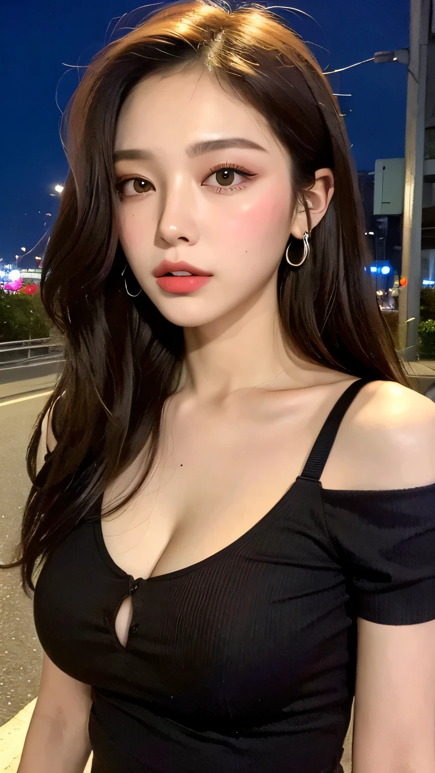 Best image quality, RAW photo, super high resolution, close-up above chest, bright smile, 17 year old korean, very big breasts, cleavage, fair skin, very white skin, light brown hair, neatly matched bangs, sexy formal dress, beautiful eyes, beautiful eyes of random colors, very thin lips, beautiful eyes with details, slender eyes, pale pink cheeks, long eyelashes, beautiful double eyelids, Eyeshadow, Earrings, Necklace, In front of the station at night, park at night